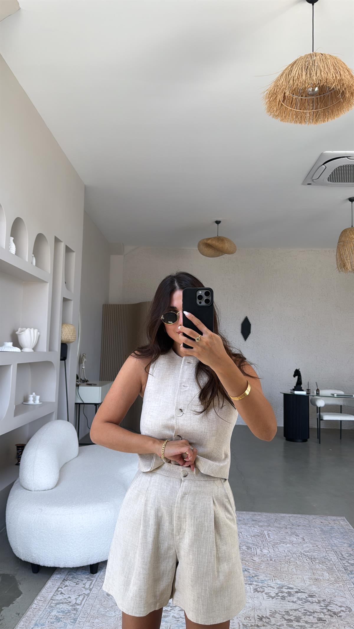 Bej Ham Keten Premium Yelek Şort Takım