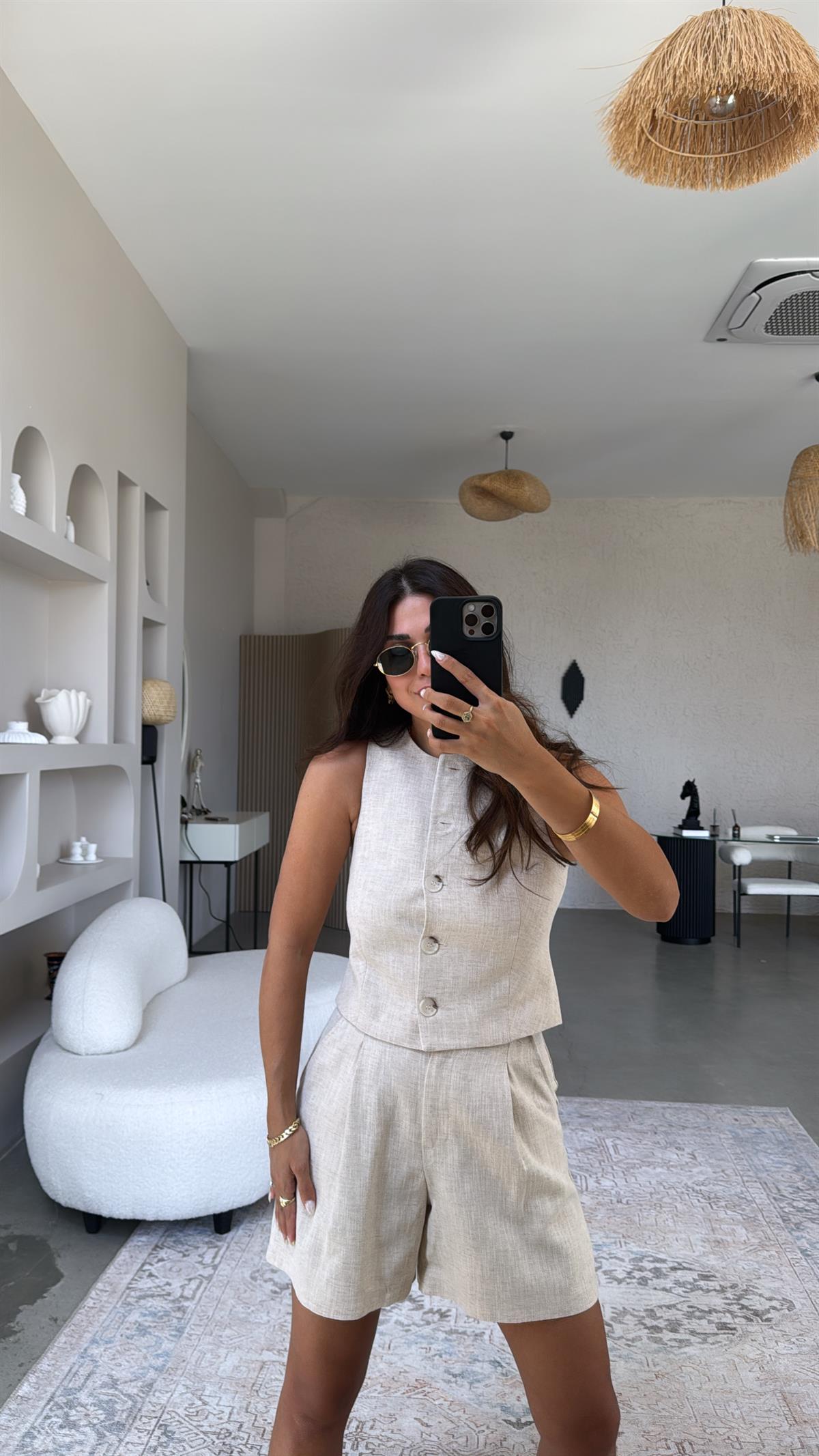 Bej Ham Keten Premium Yelek Şort Takım