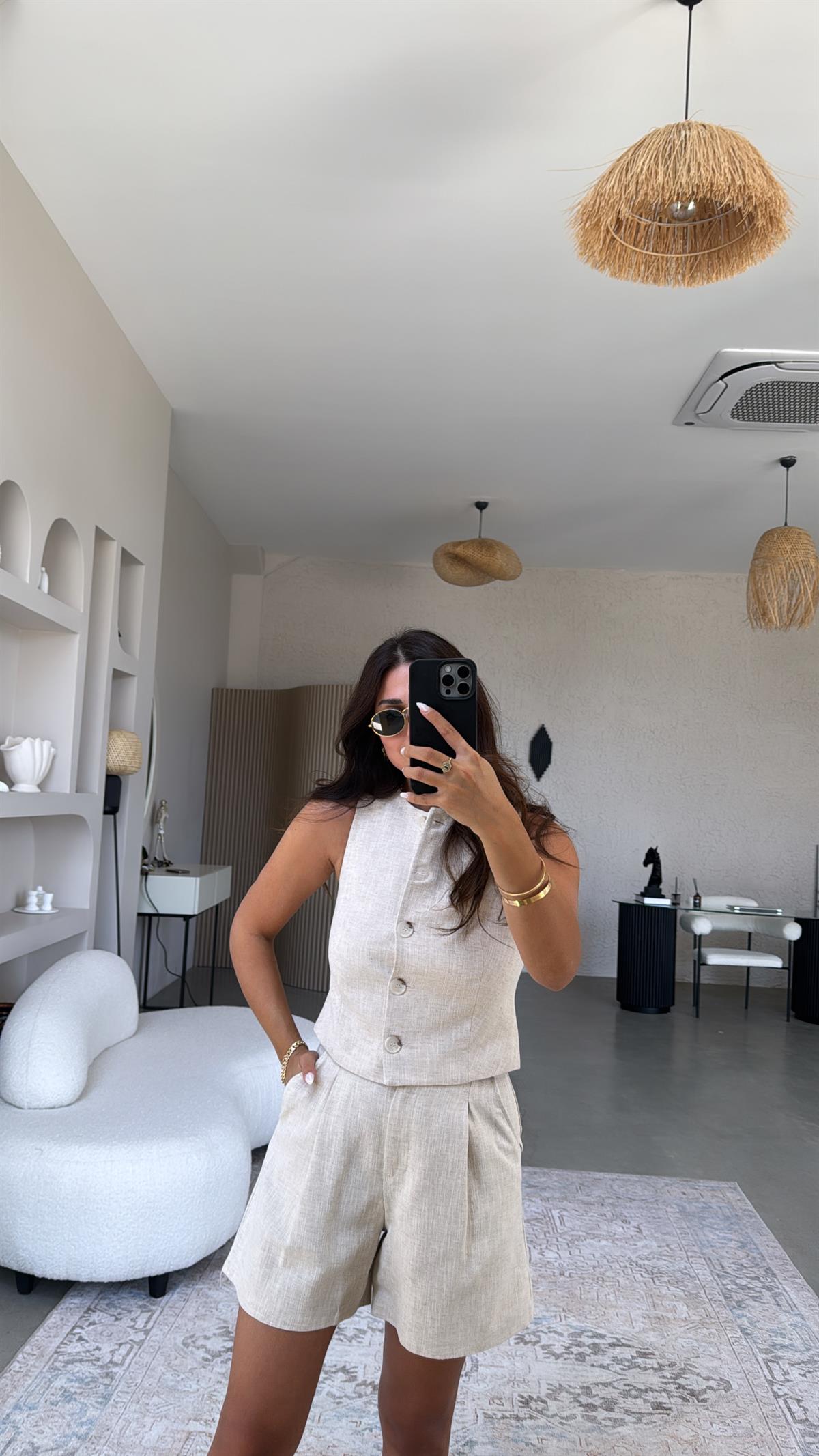 Bej Ham Keten Premium Yelek Şort Takım