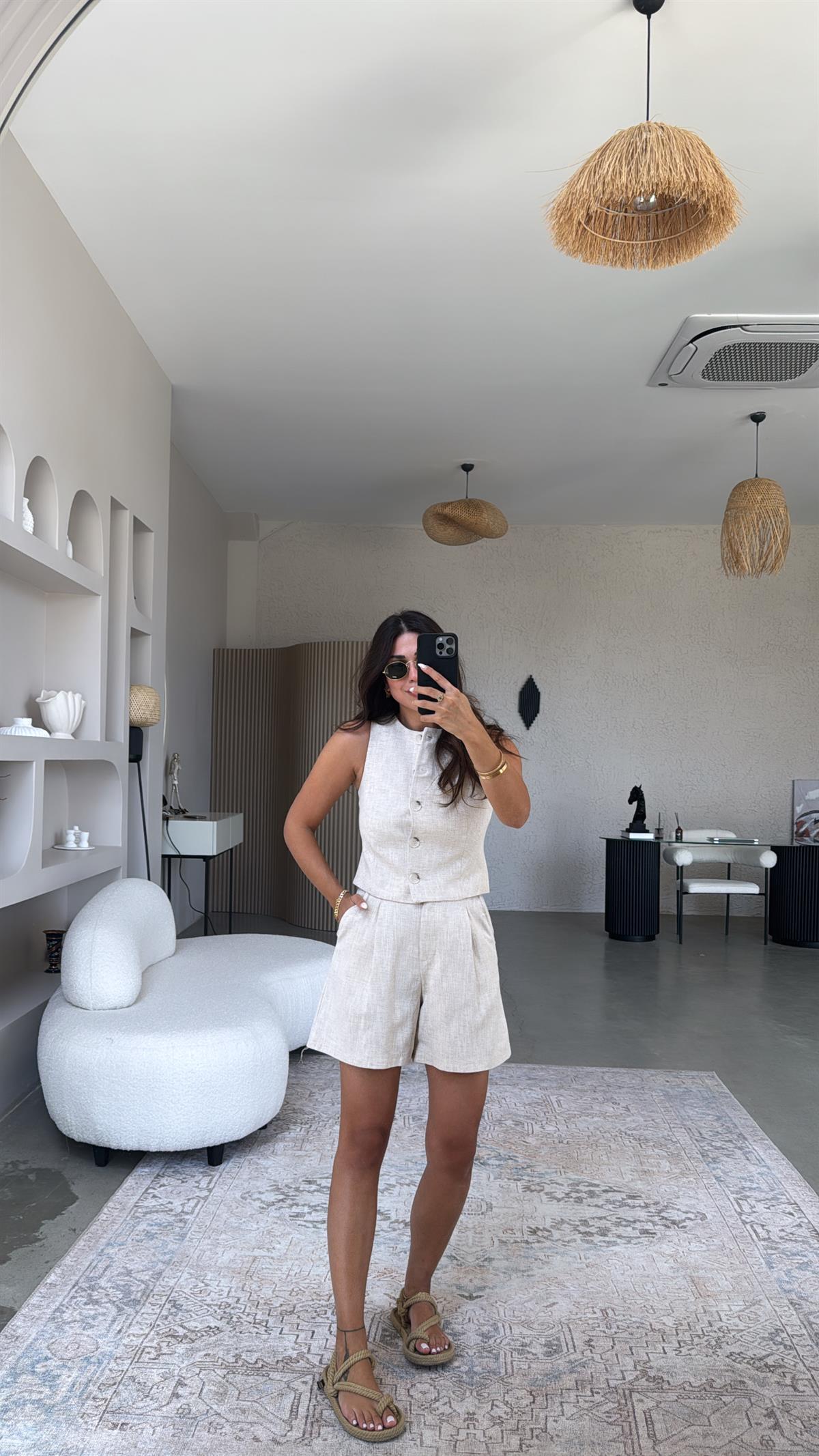 Bej Ham Keten Premium Yelek Şort Takım