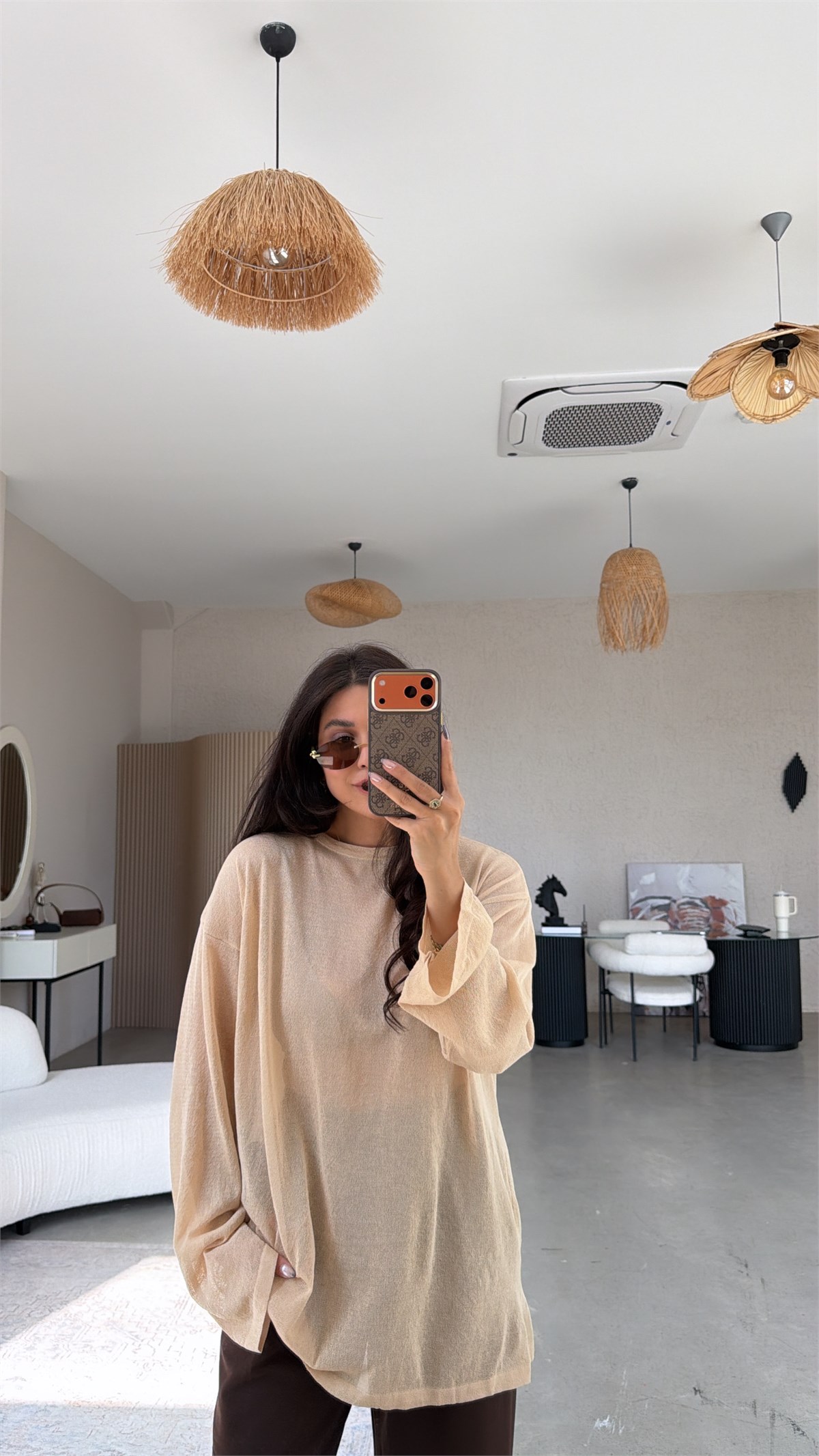 Bej İnce Transparan Merserize Tunik Boy Triko