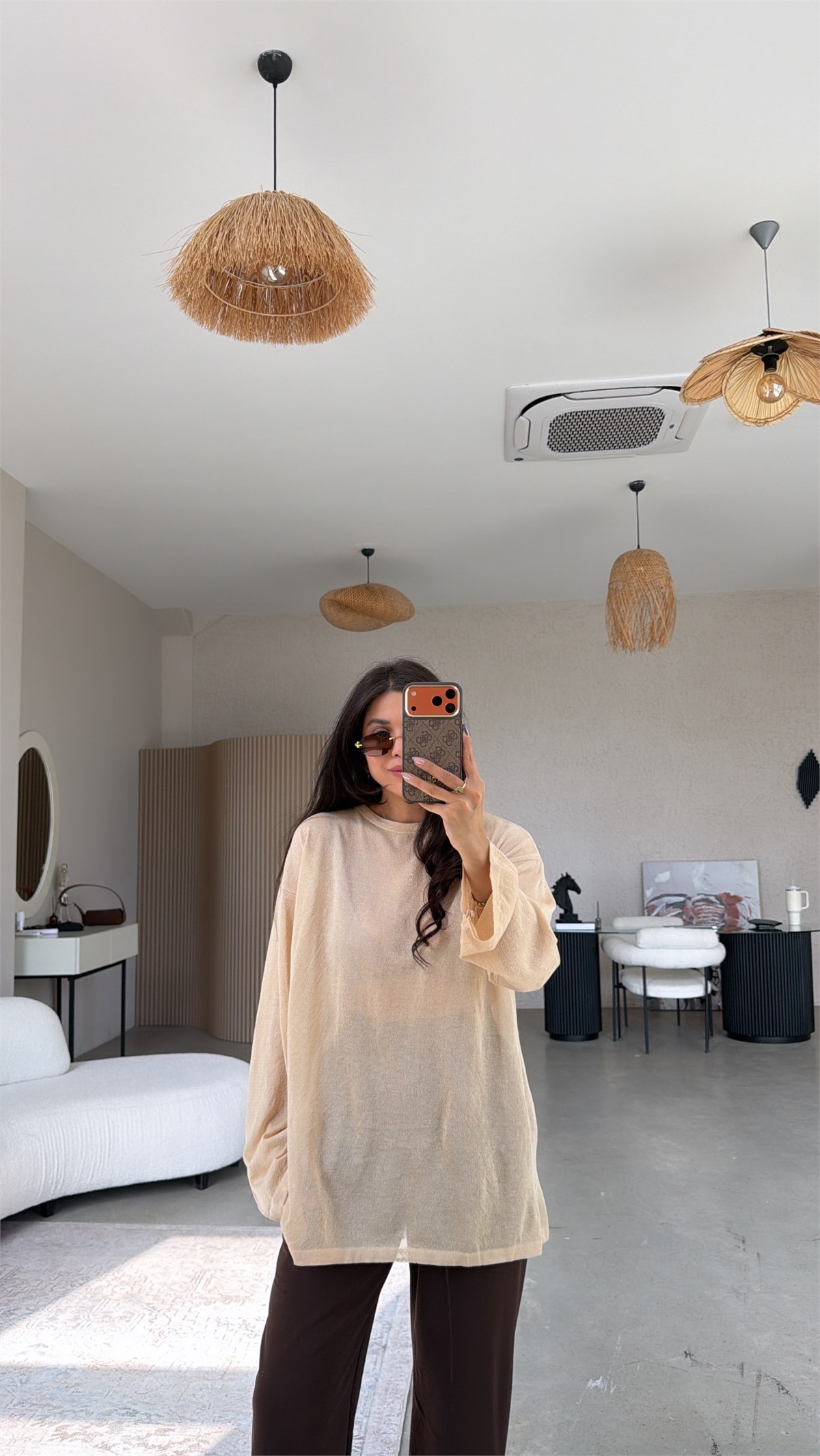 Bej İnce Transparan Merserize Tunik Boy Triko