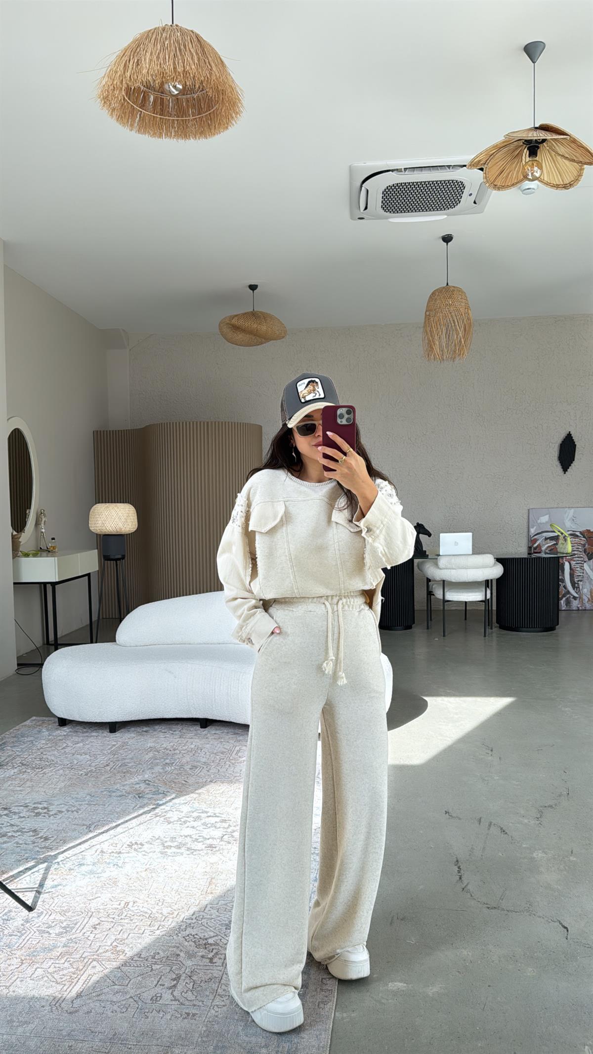 Bej Jean Detaylı Taşlı Premium Takım