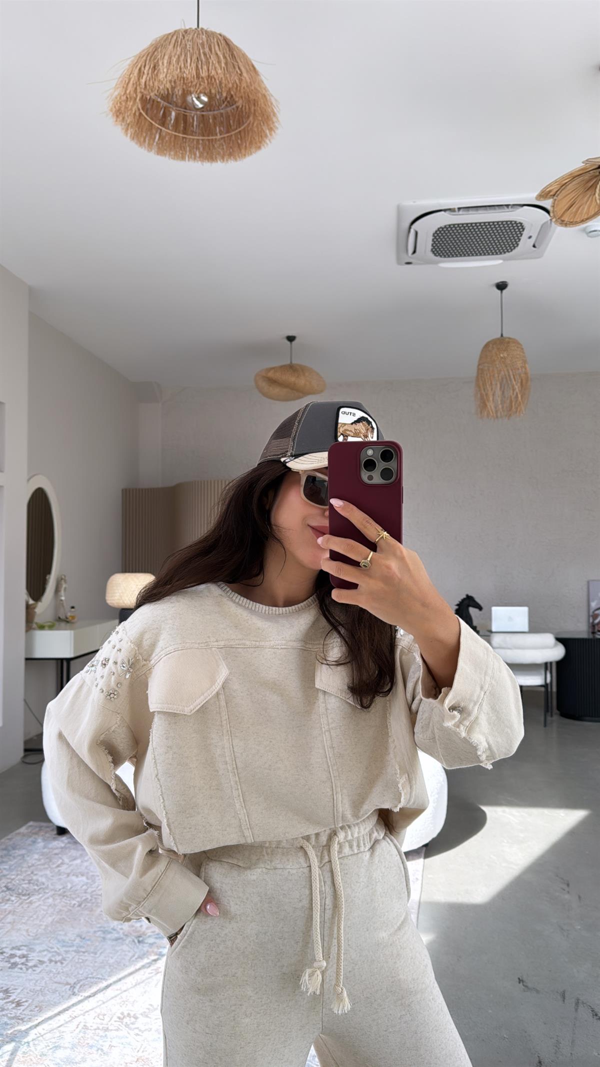 Bej Jean Detaylı Taşlı Premium Takım