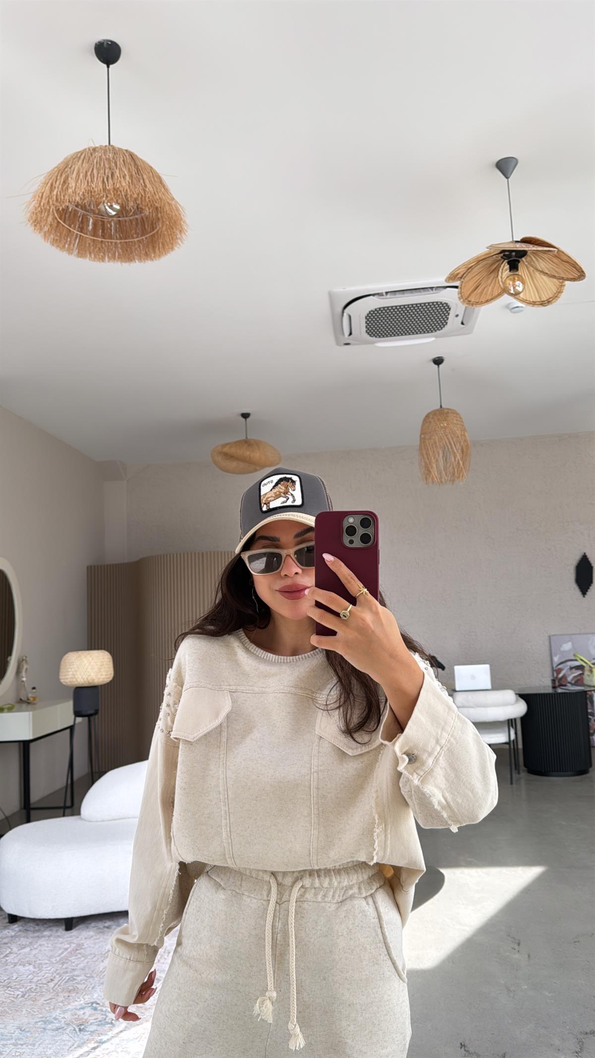 Bej Jean Detaylı Taşlı Premium Takım