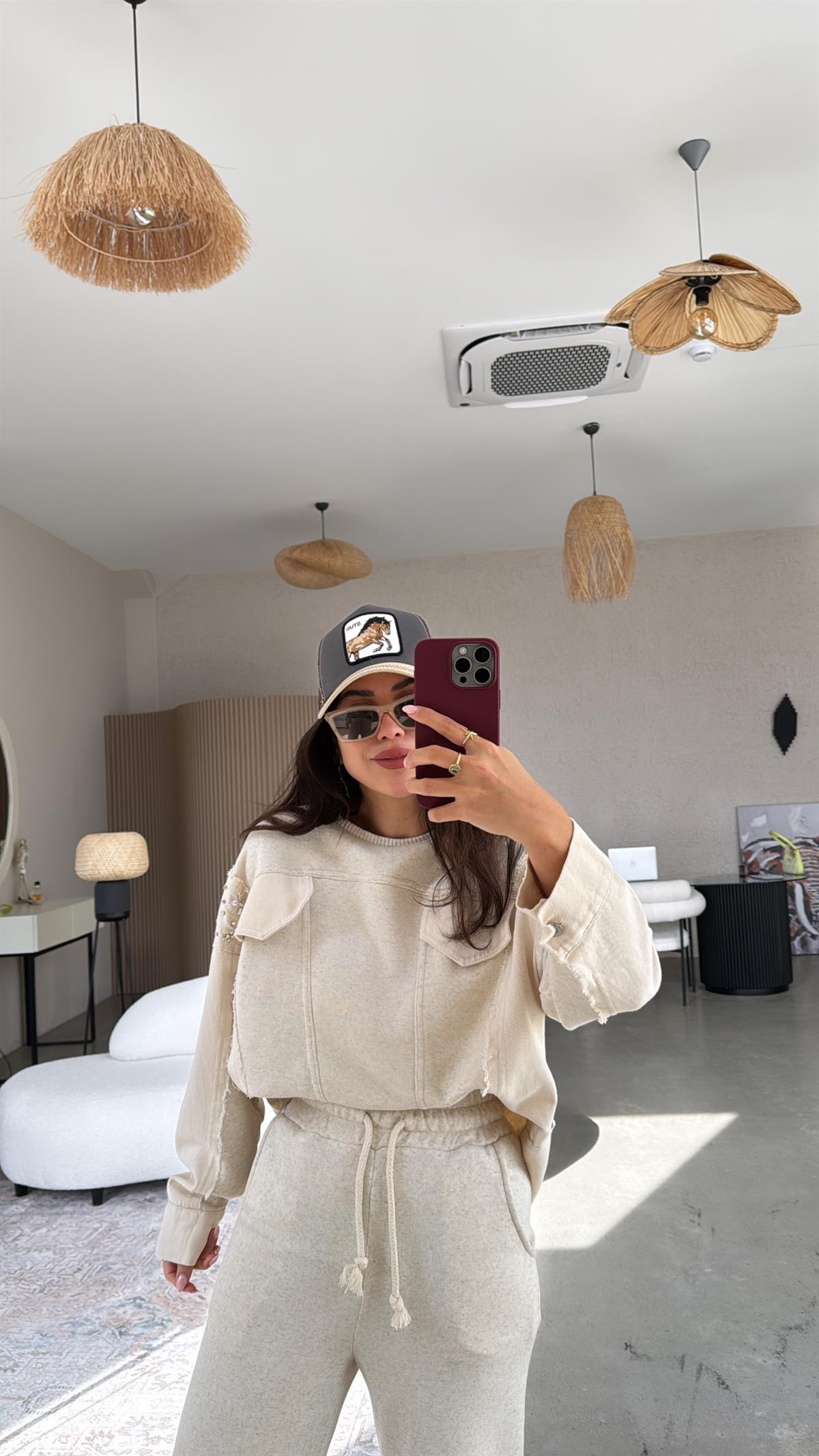 Bej Jean Detaylı Taşlı Premium Takım