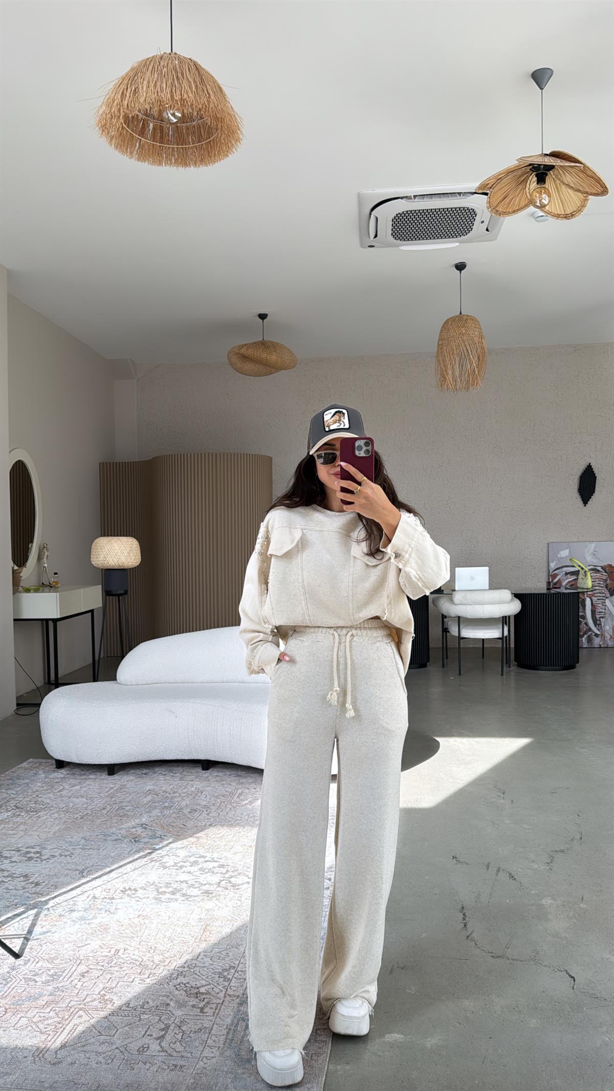 Bej Jean Detaylı Taşlı Premium Takım