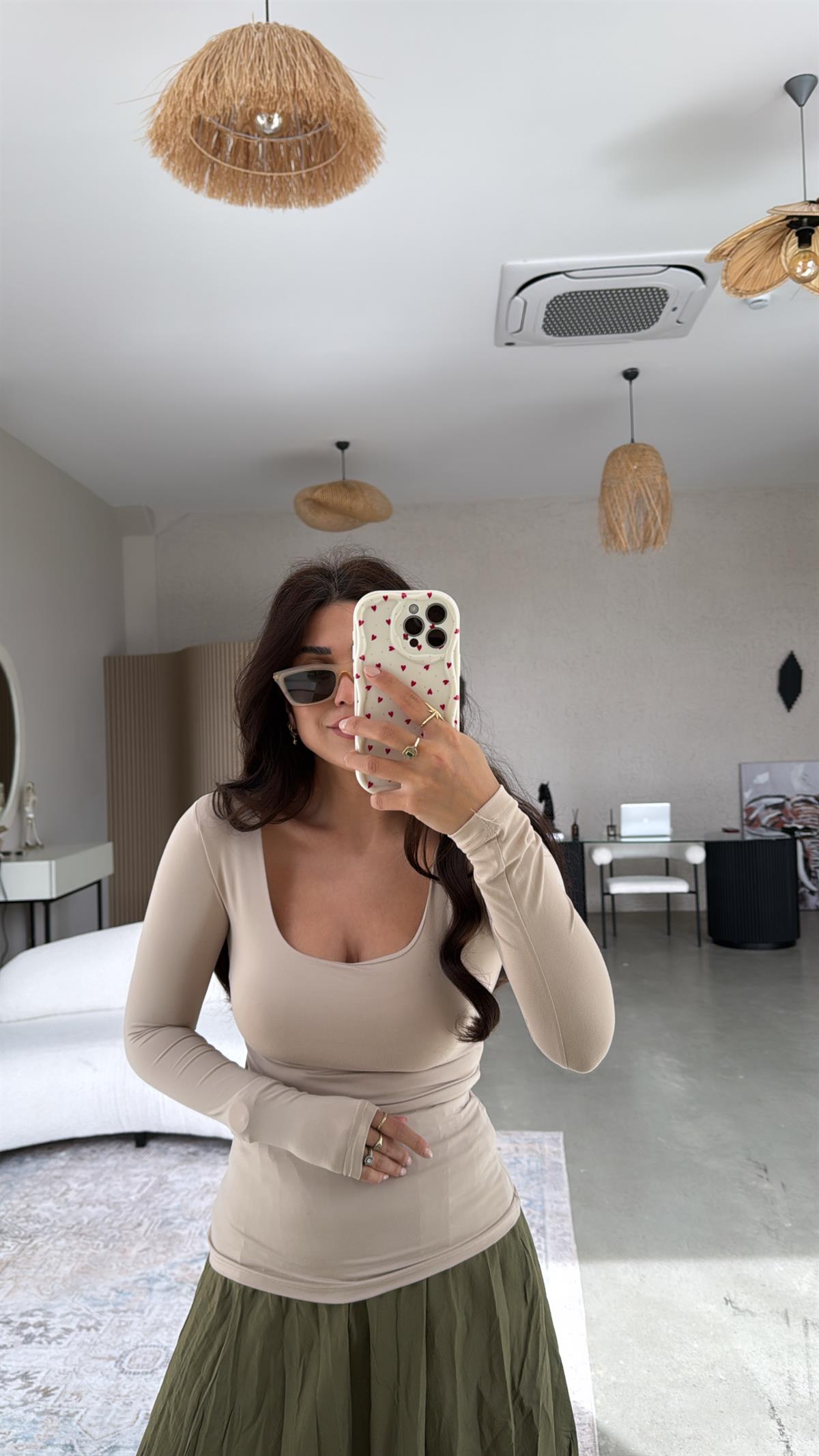 Bej Kare Yaka Scuba Basic Bluz