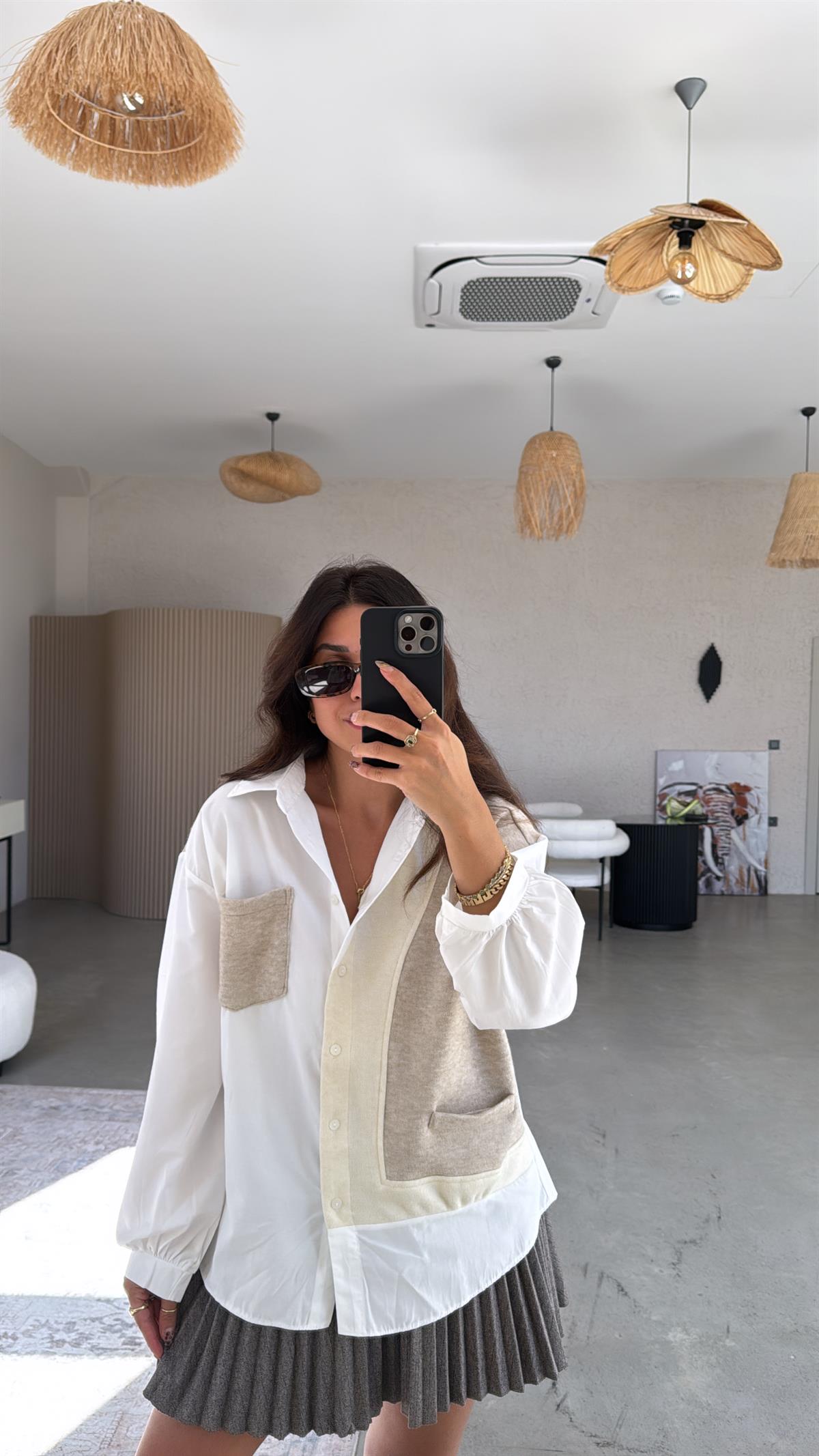 Bej Kaşmir Detaylı Poplin Gömlek