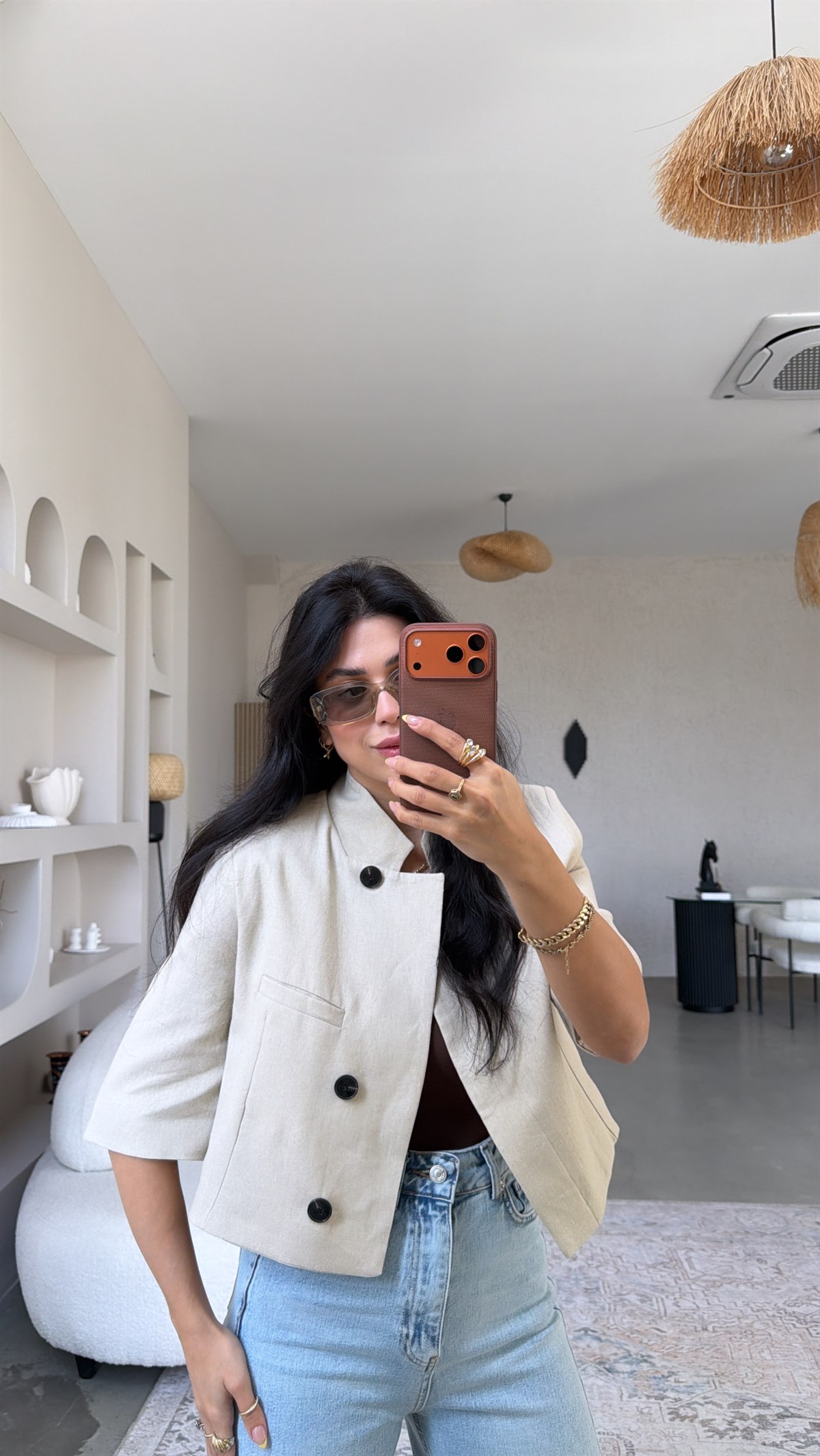 Bej Keten Truvakar Kol Astarlı Crop Ceket