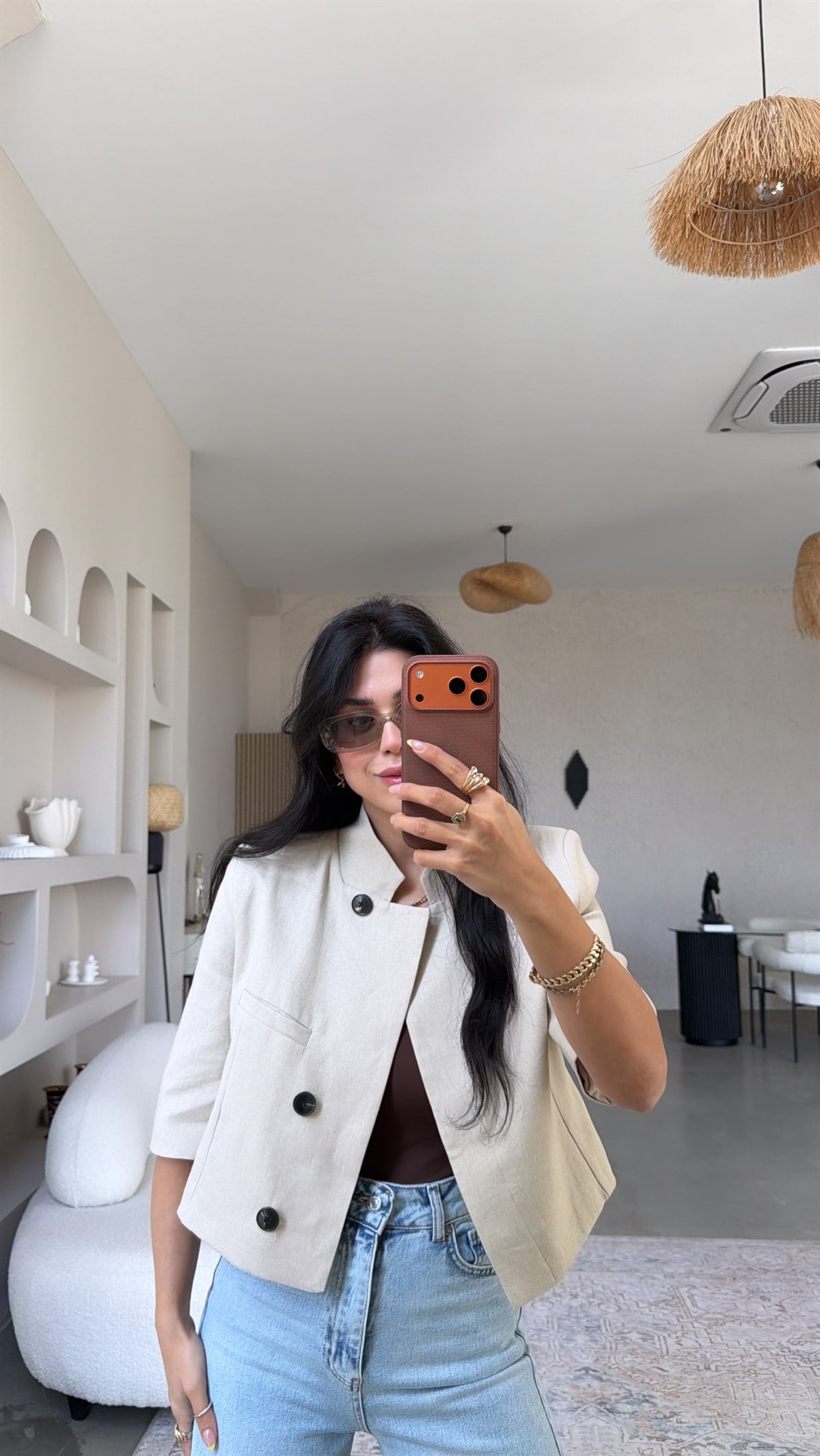 Bej Keten Truvakar Kol Astarlı Crop Ceket