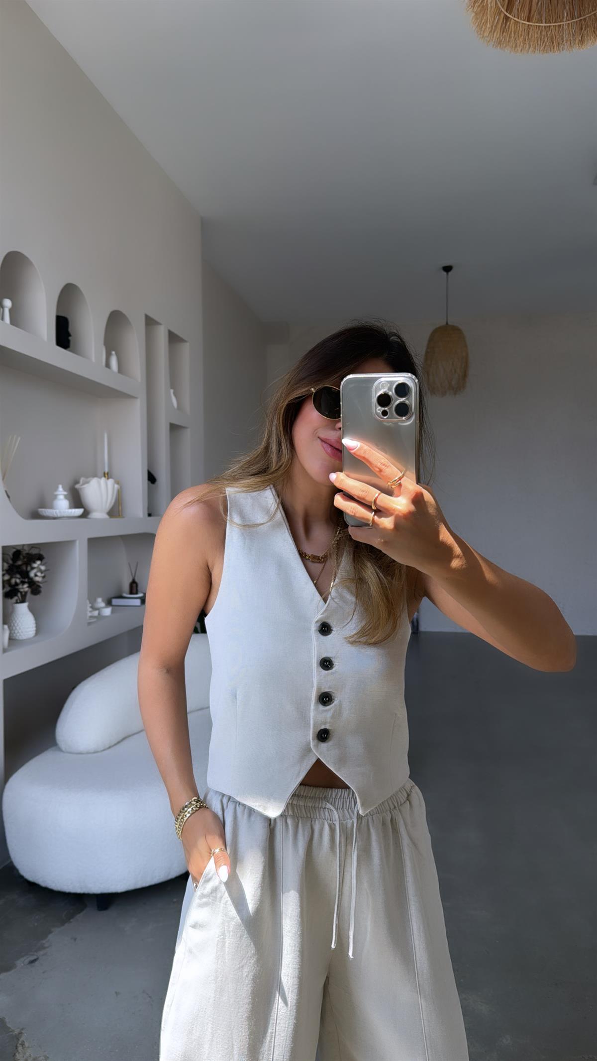 Bej Keten Yelekli Takım