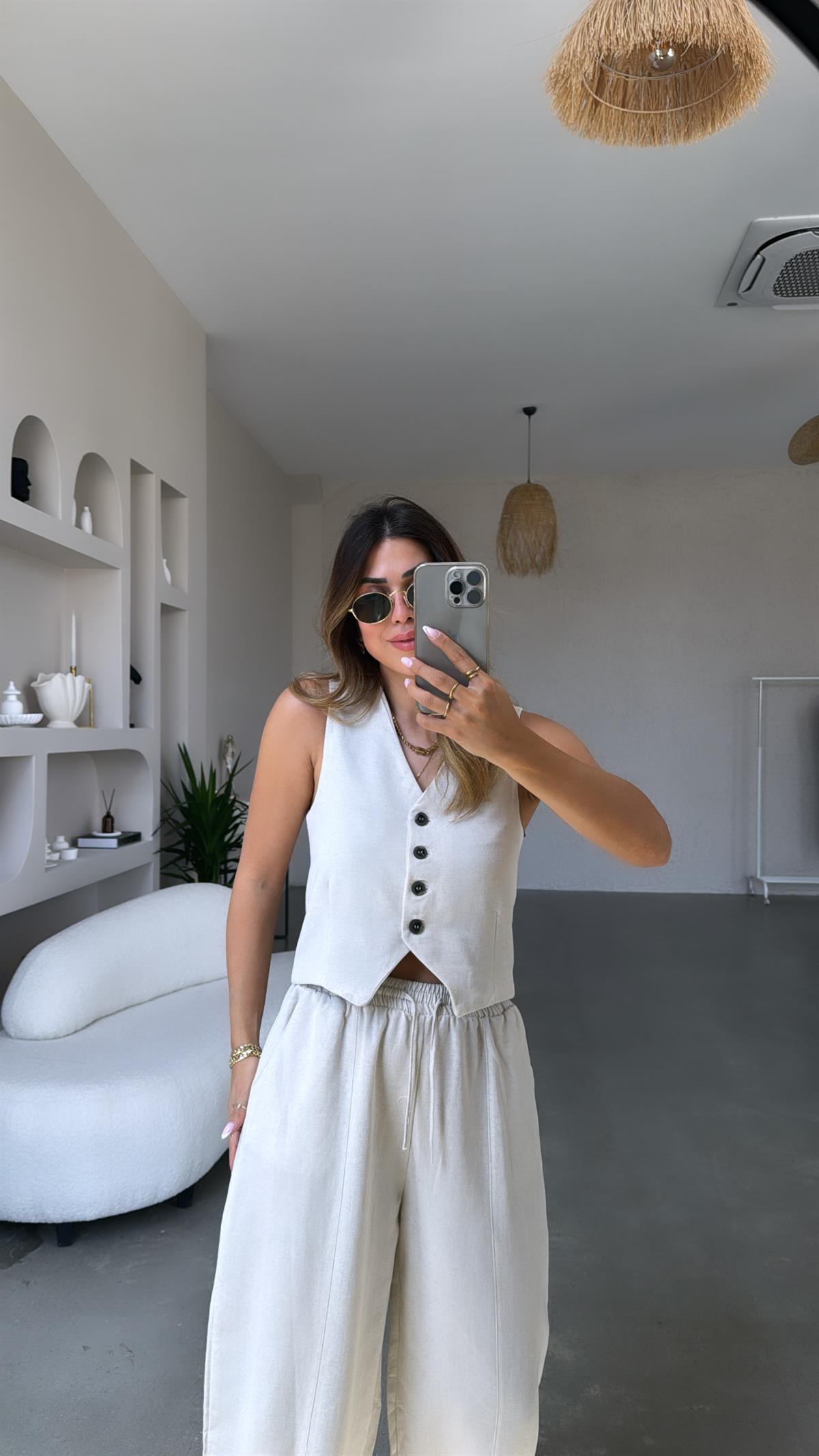 Bej Keten Yelekli Takım