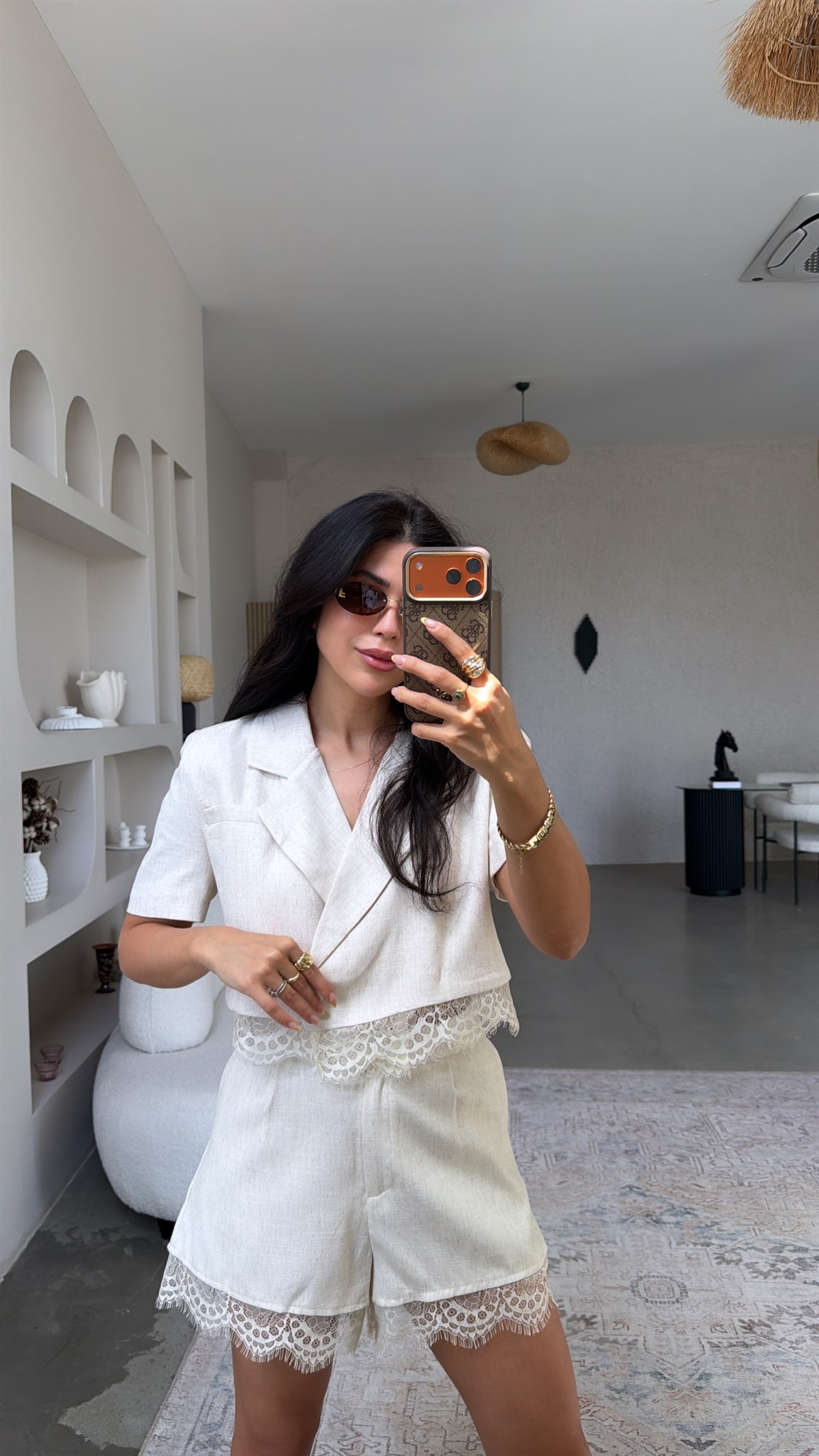 Bej Keten ZR Model Dantelli Şort Ceket Takım