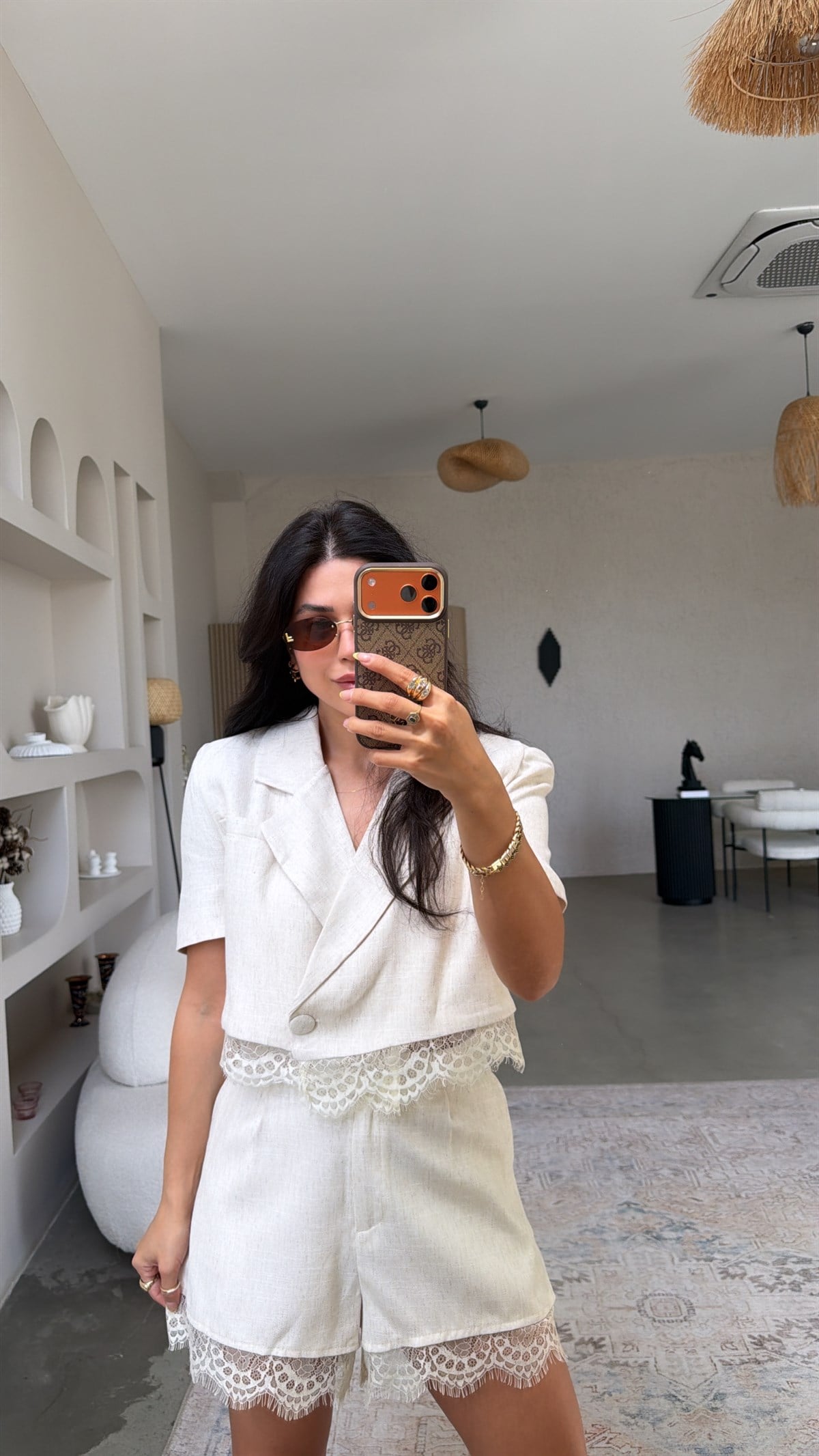 Bej Keten ZR Model Dantelli Şort Ceket Takım