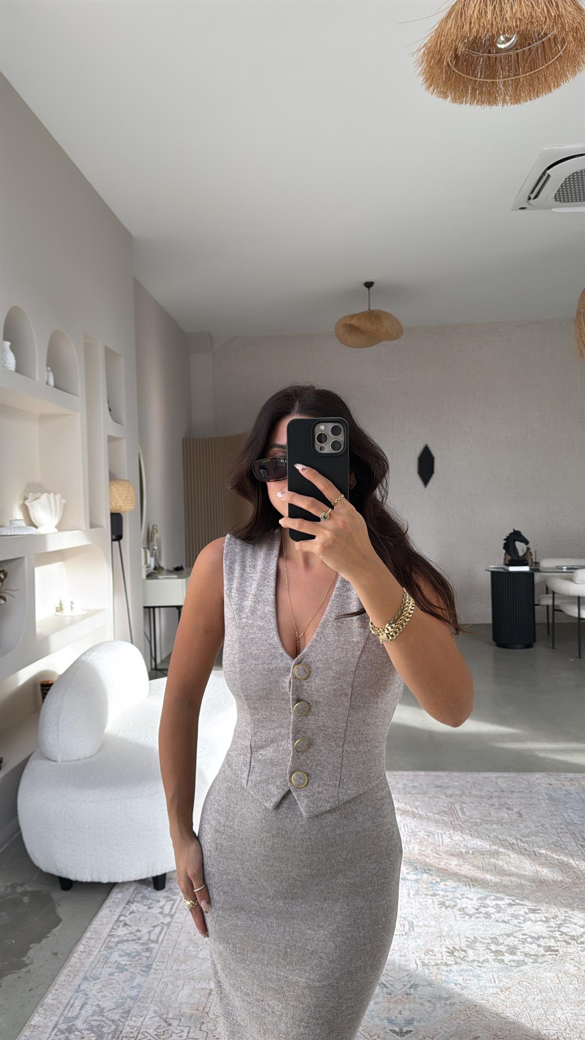 Bej Kırçıllı Zr Model Triko Yelek Elbise