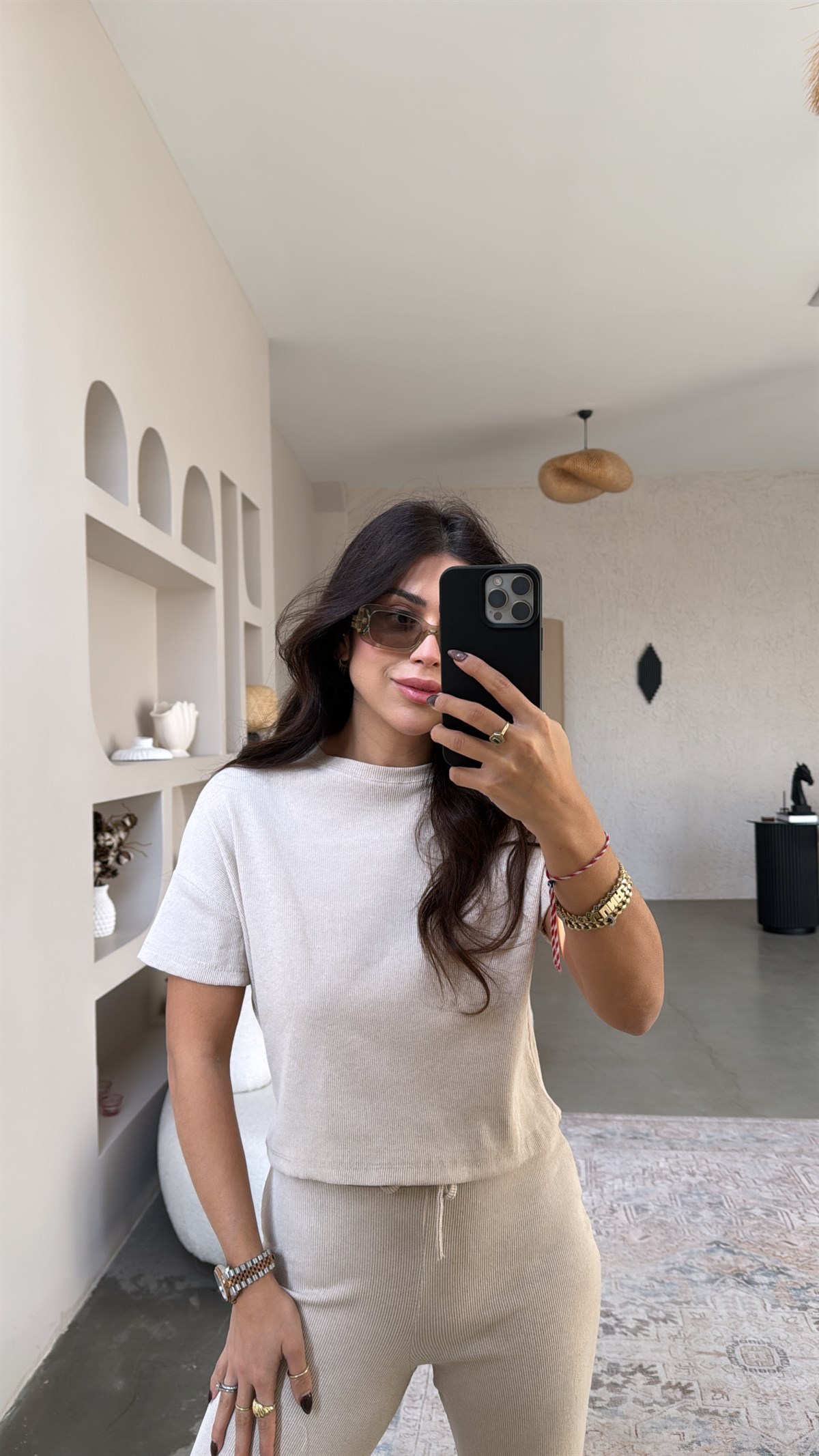 Bej Kısa Kollu Fitilli Takım