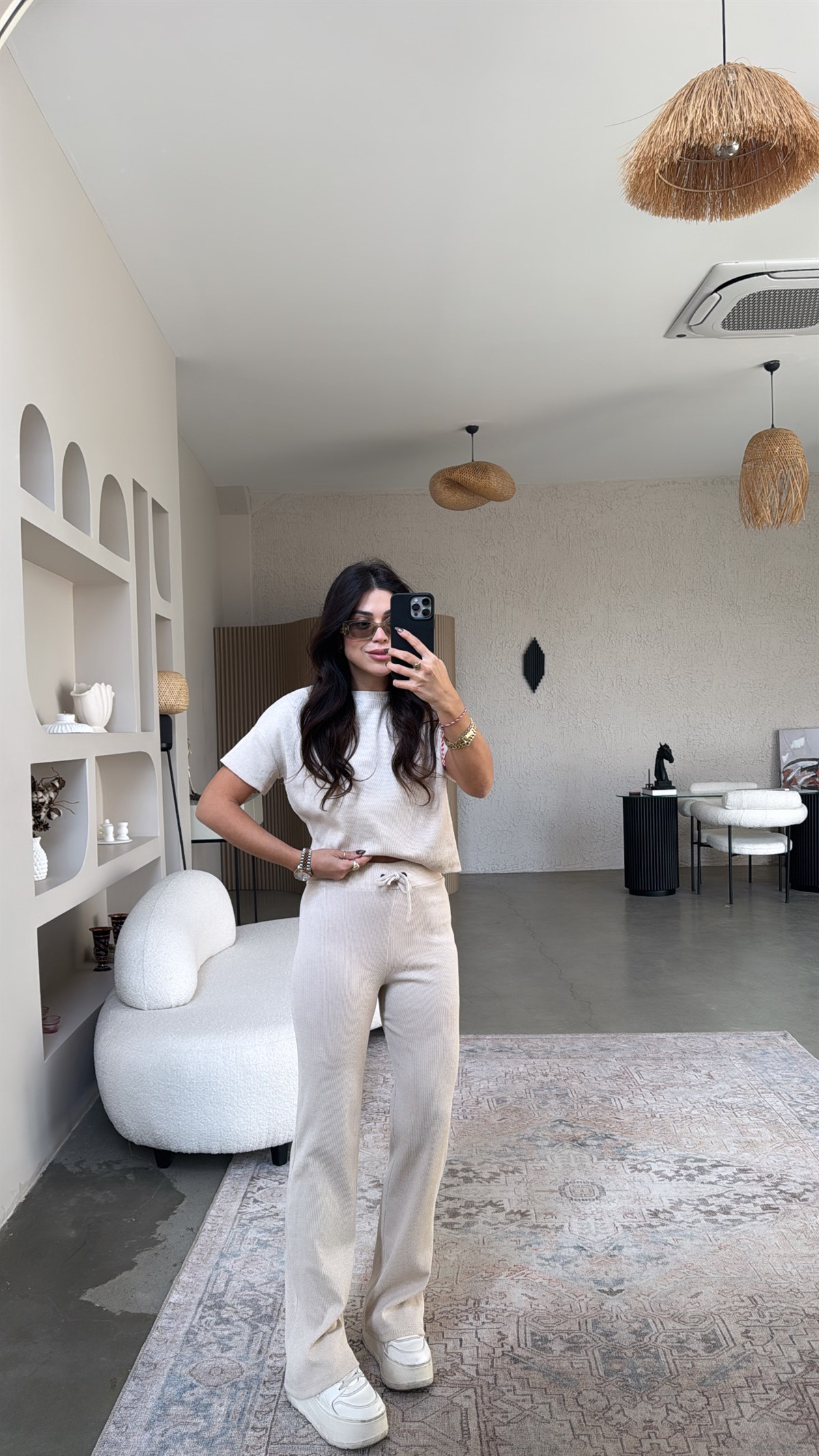 Bej Kısa Kollu Fitilli Takım