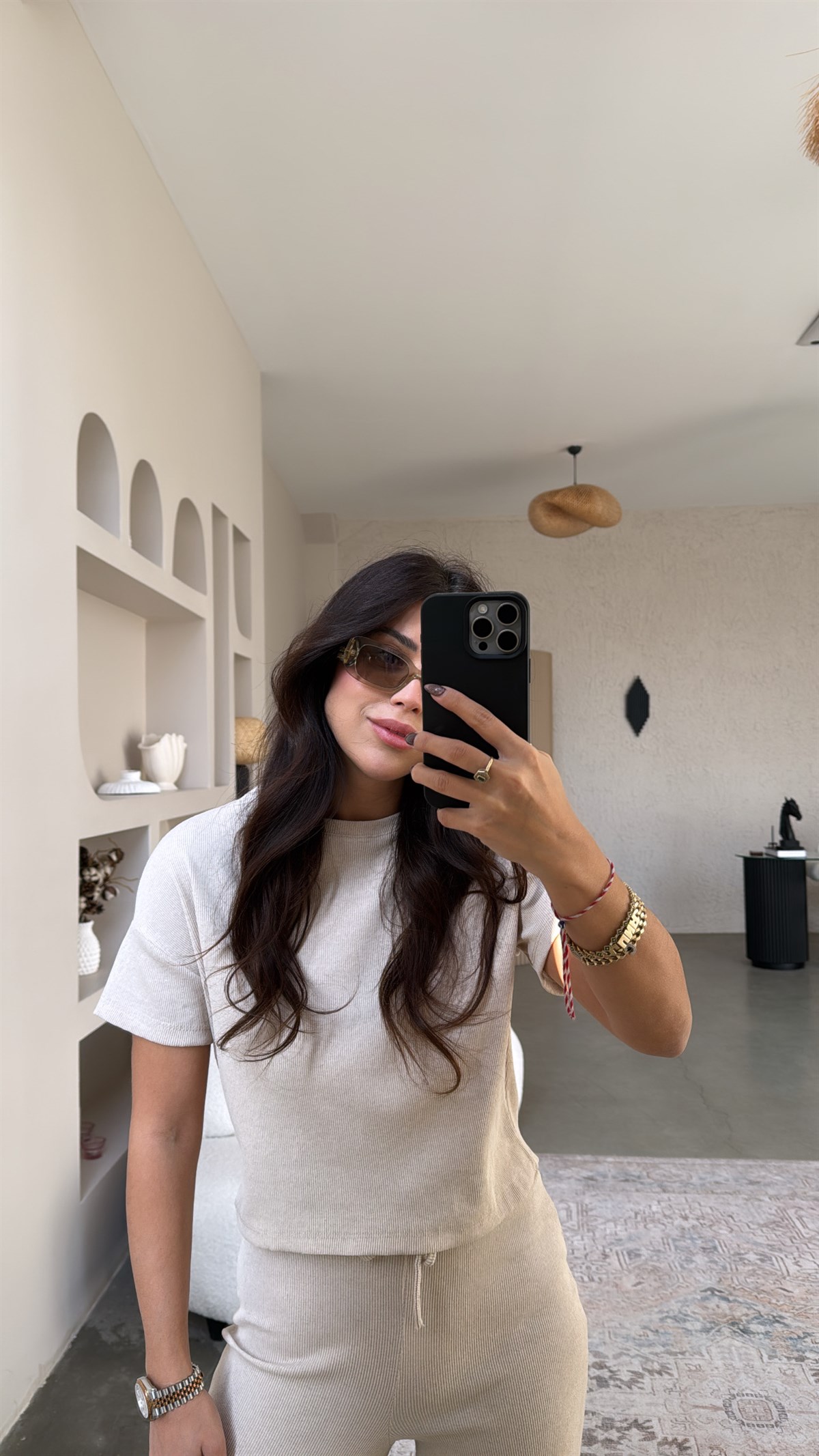 Bej Kısa Kollu Fitilli Takım