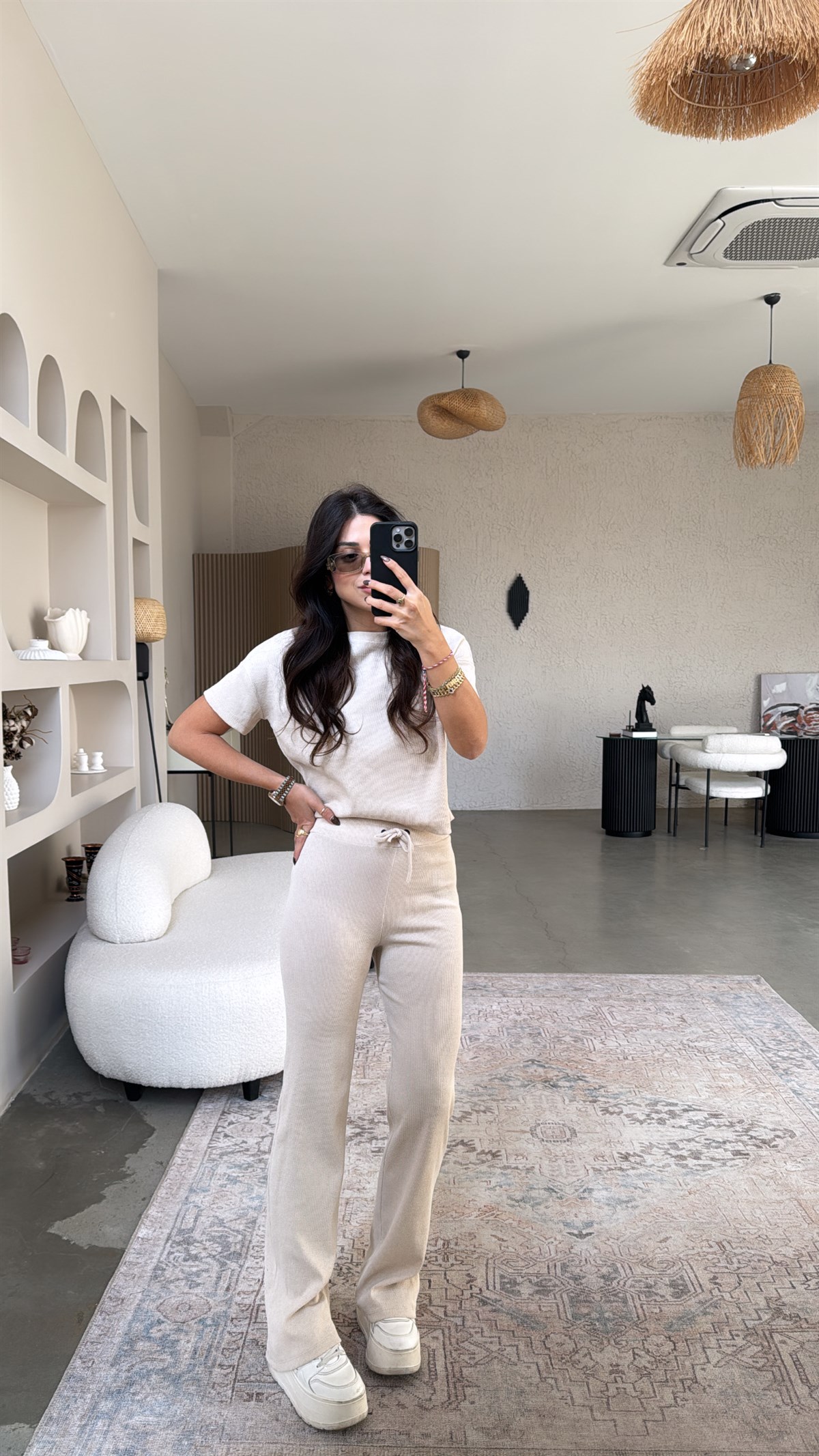 Bej Kısa Kollu Fitilli Takım