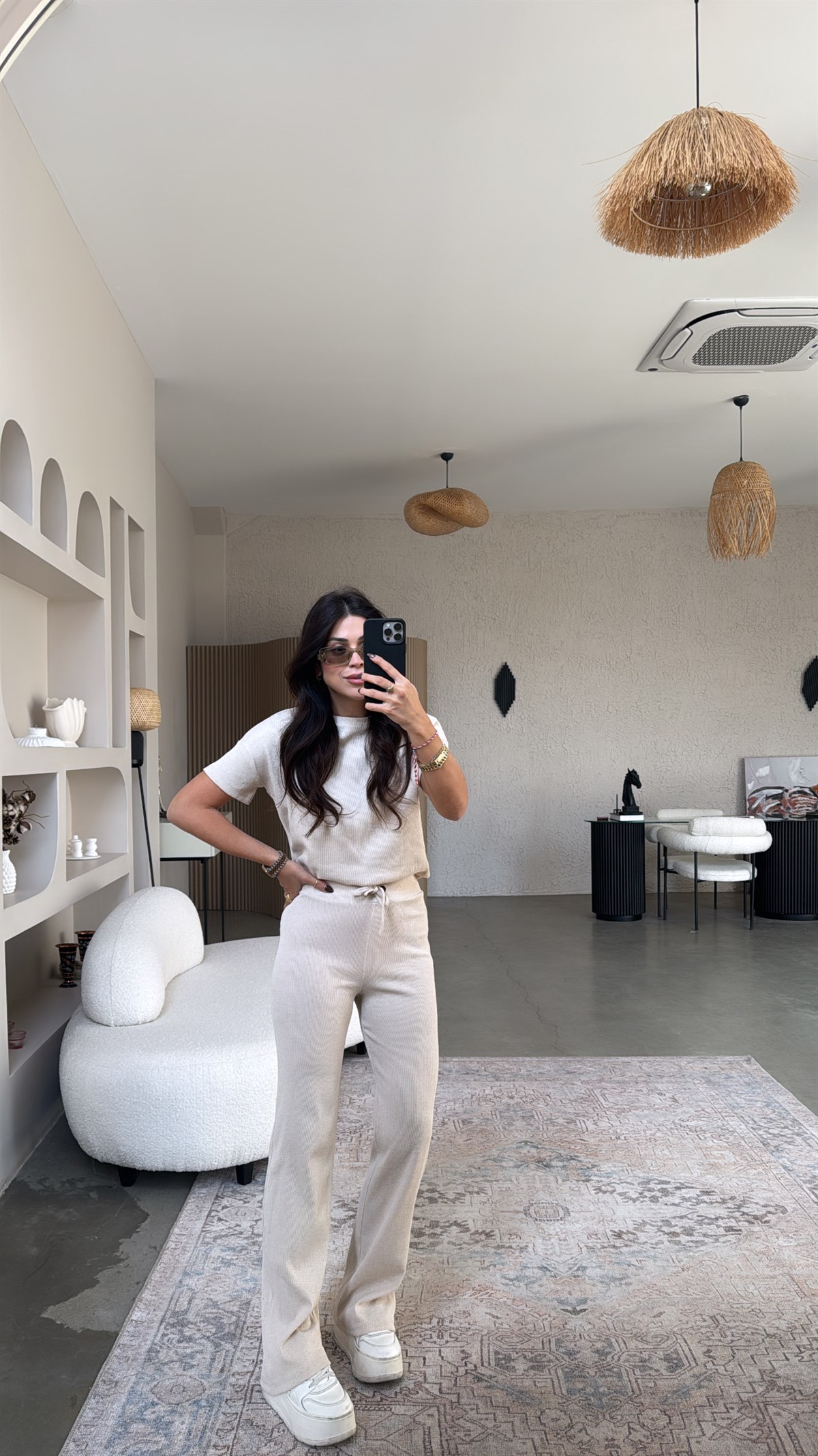 Bej Kısa Kollu Fitilli Takım