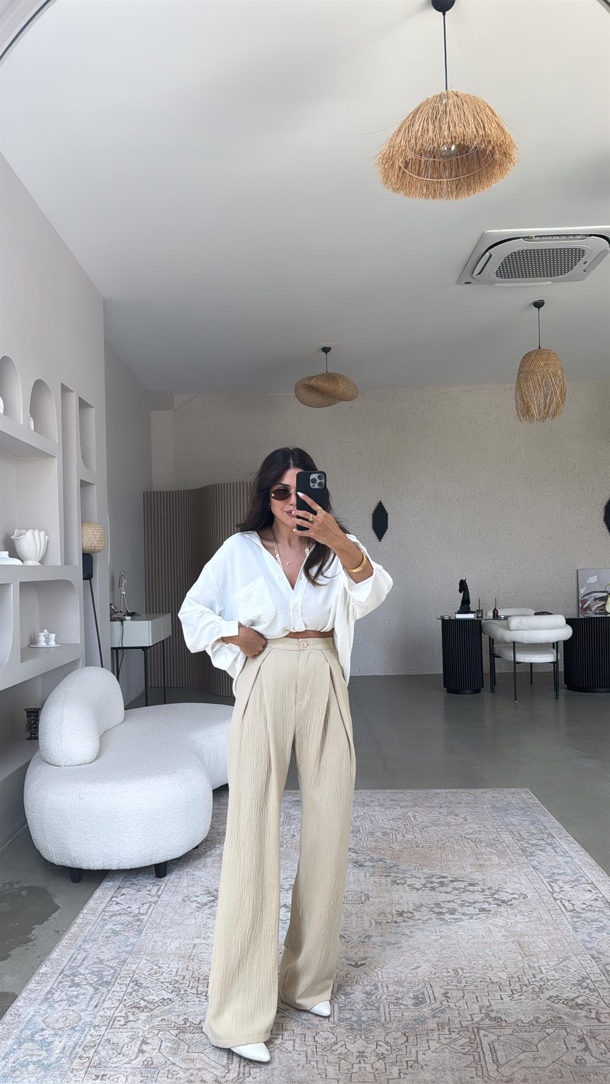 Bej Kruvaze Pile Pantolon