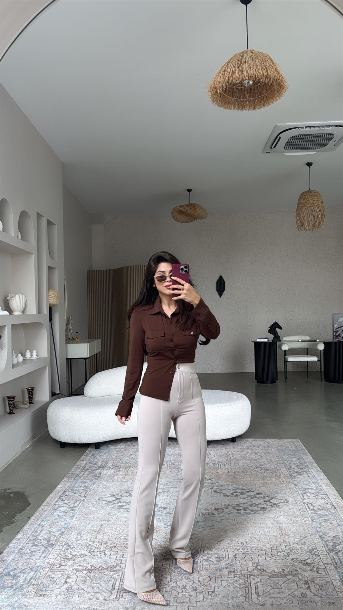 Bej Likra Kumaş Pantolon