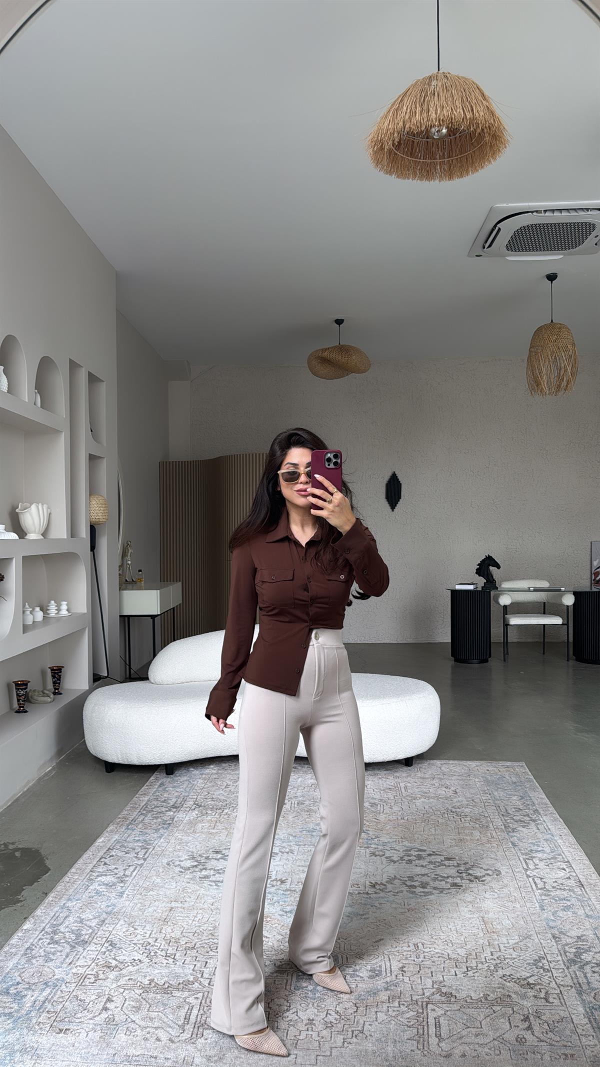 Bej Likra Kumaş Pantolon