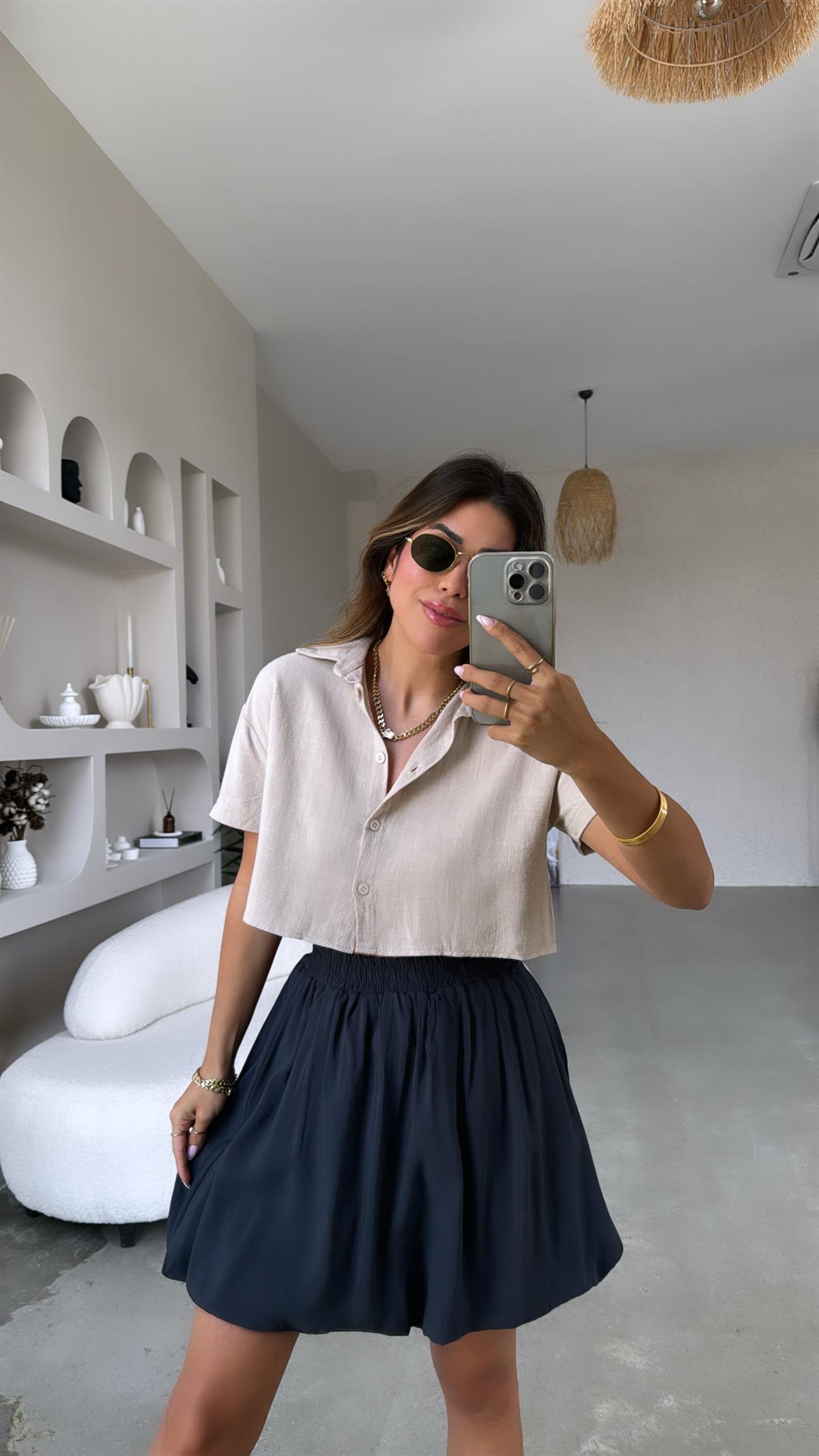 Bej Massimo Crop Keten Gömlek