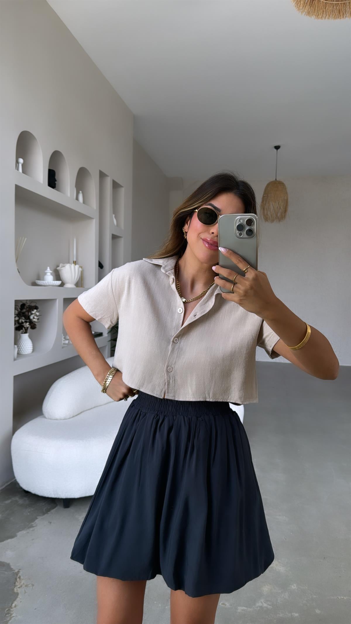 Bej Massimo Crop Keten Gömlek