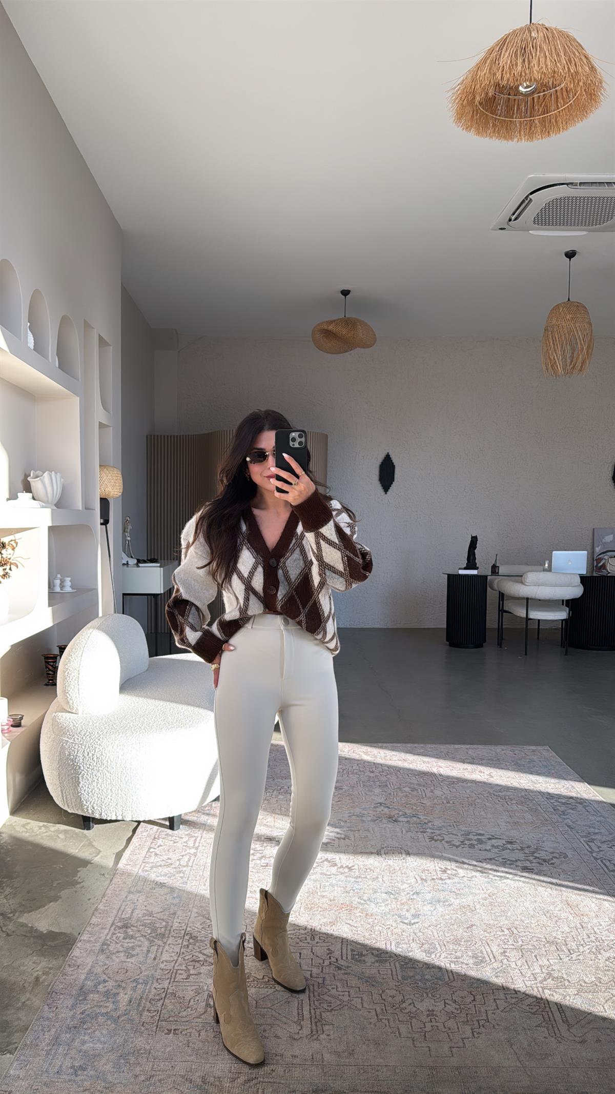 Bej Mat Düğmeli Çelik Tayt Pantolon