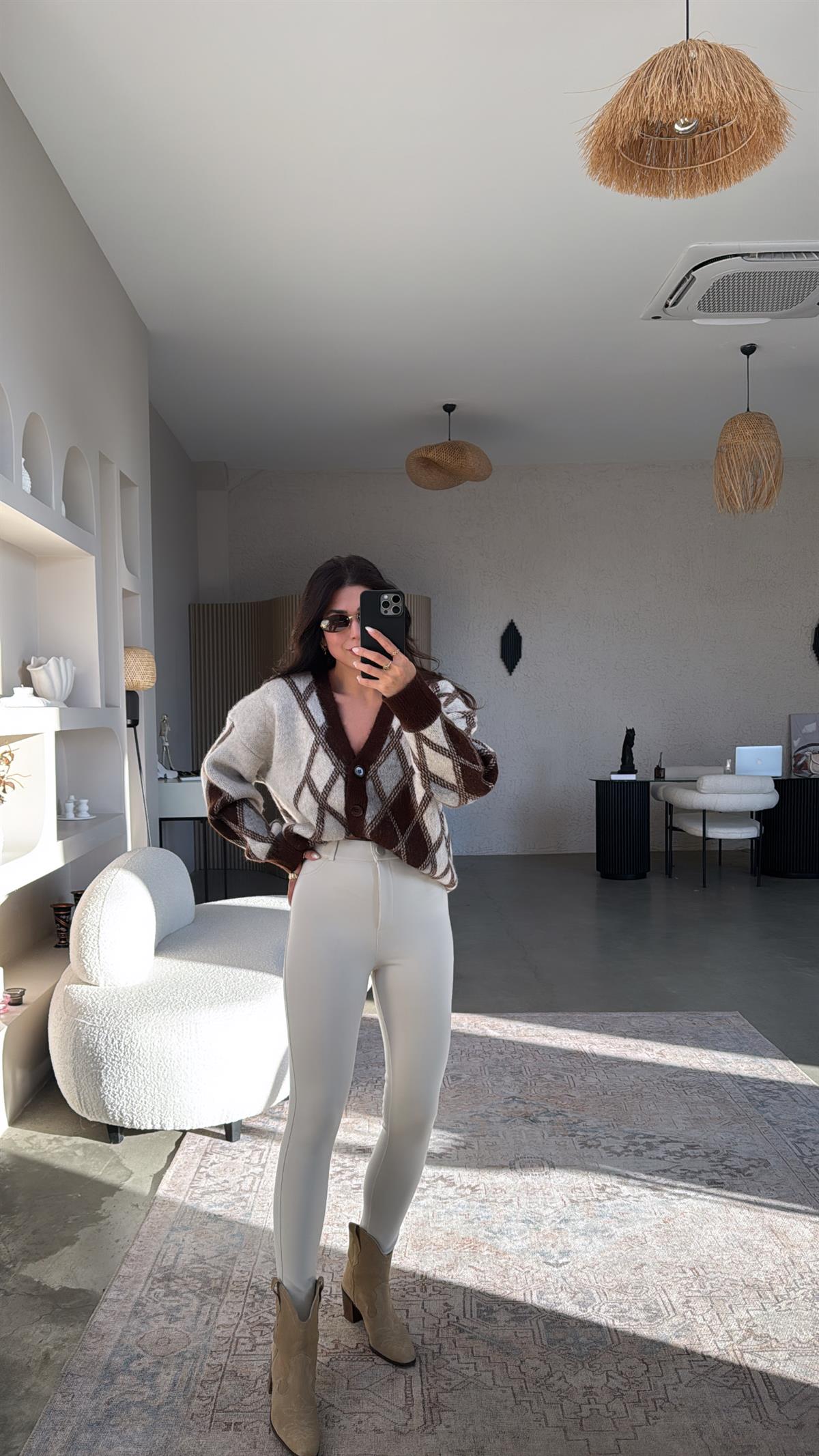 Bej Mat Düğmeli Çelik Tayt Pantolon