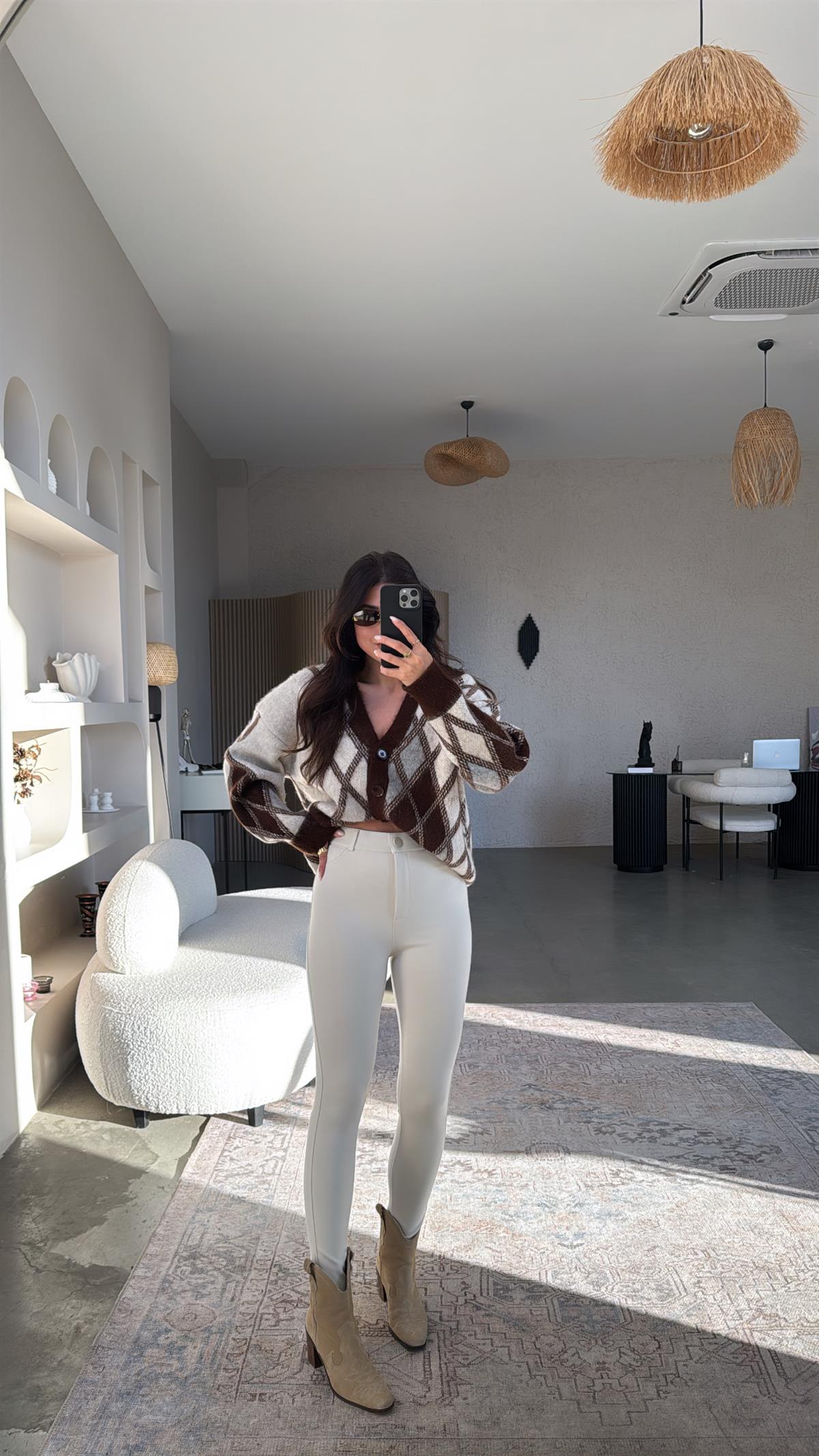 Bej Mat Düğmeli Çelik Tayt Pantolon