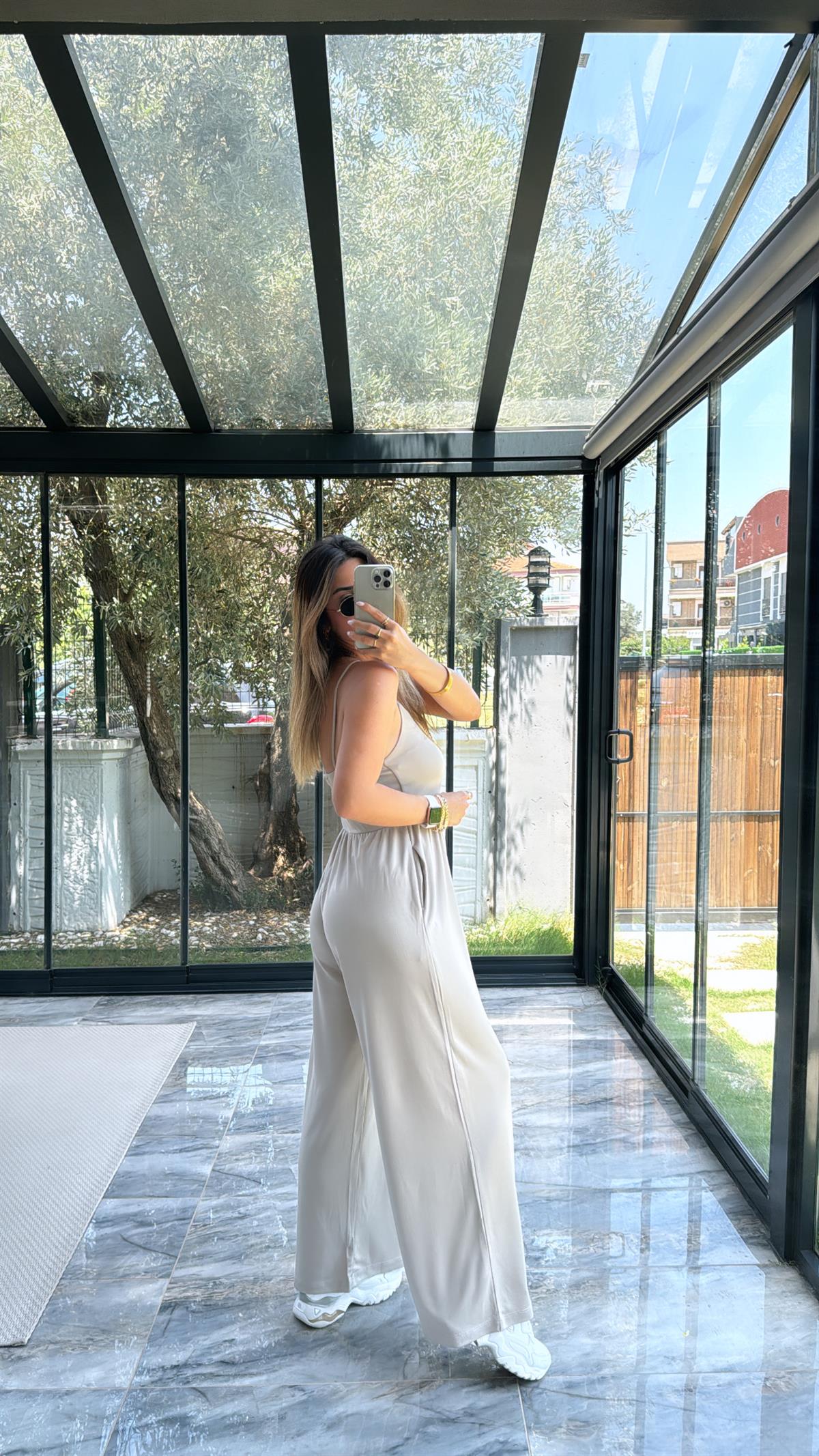 Bej Modal İp Askılı Salaş Cepli Tulum