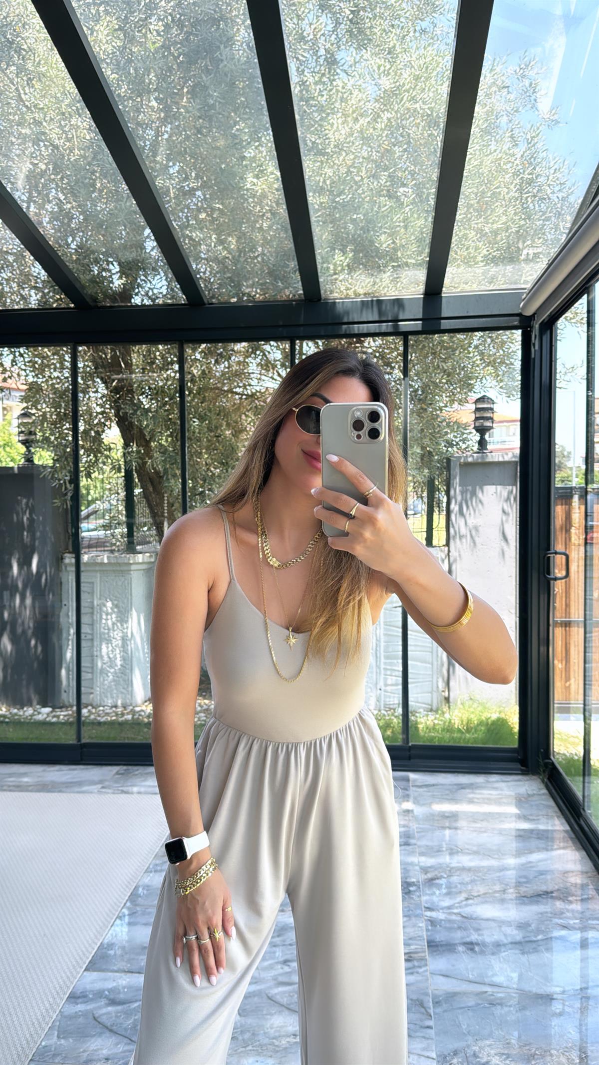 Bej Modal İp Askılı Salaş Cepli Tulum