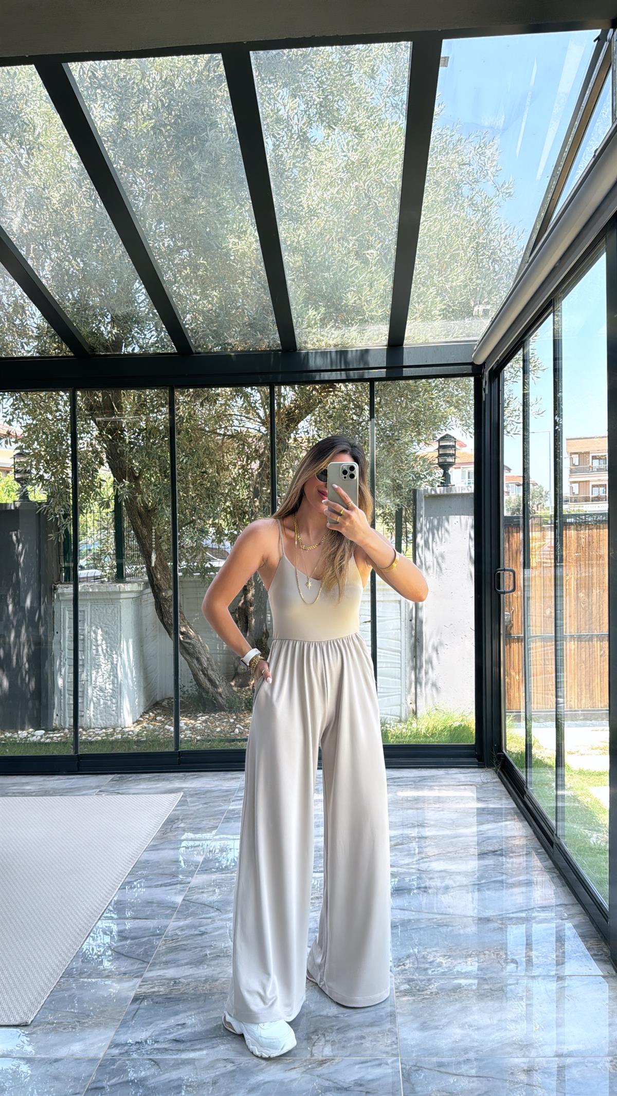 Bej Modal İp Askılı Salaş Cepli Tulum