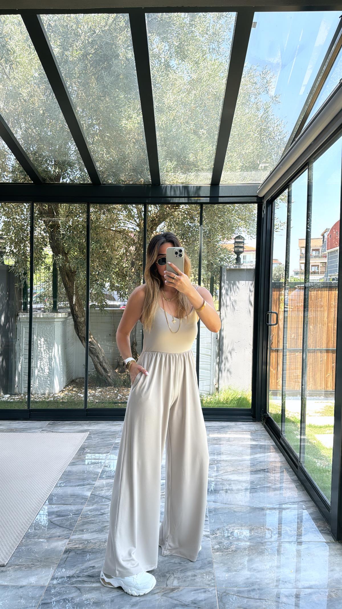 Bej Modal İp Askılı Salaş Cepli Tulum