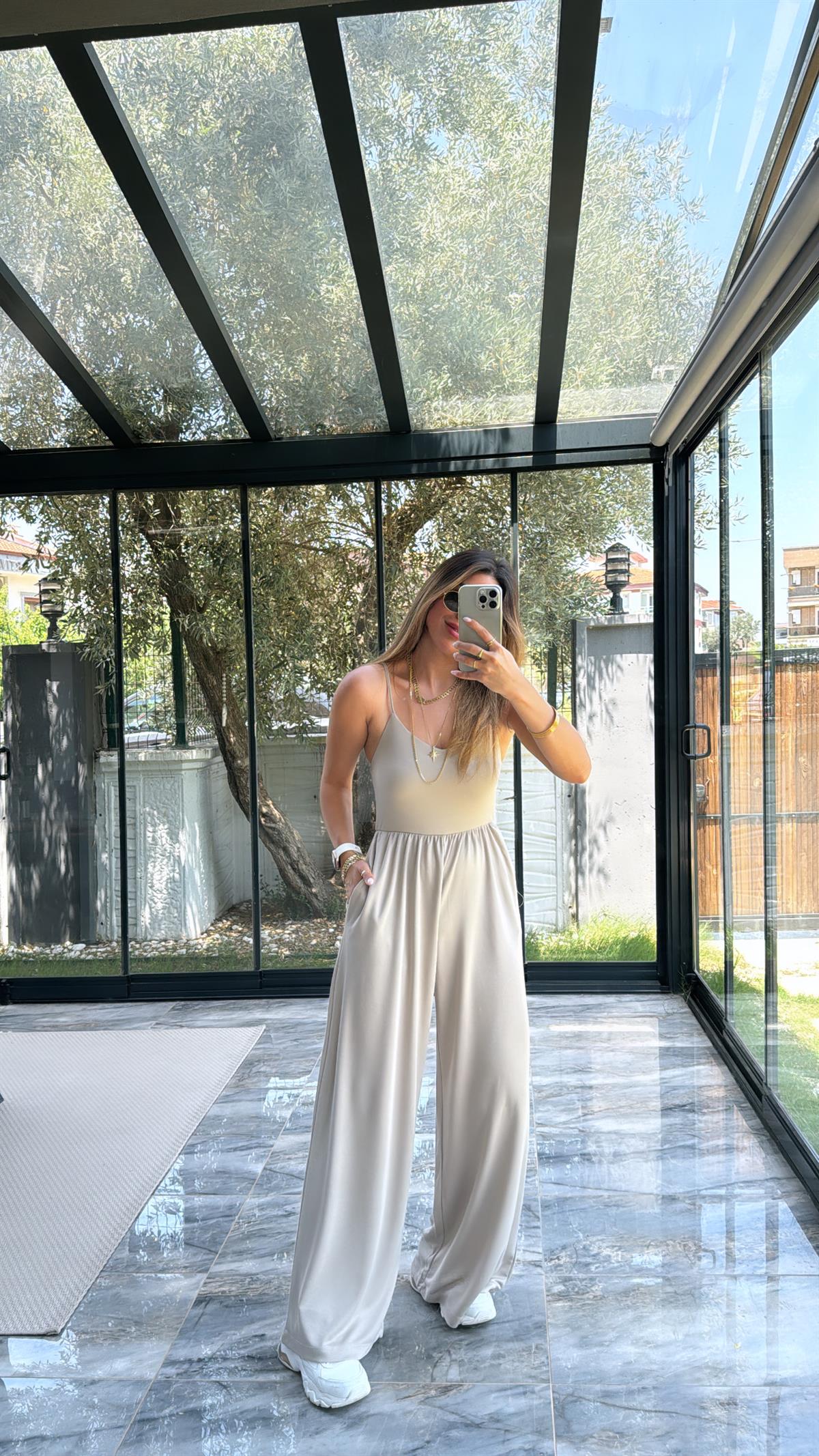 Bej Modal İp Askılı Salaş Cepli Tulum