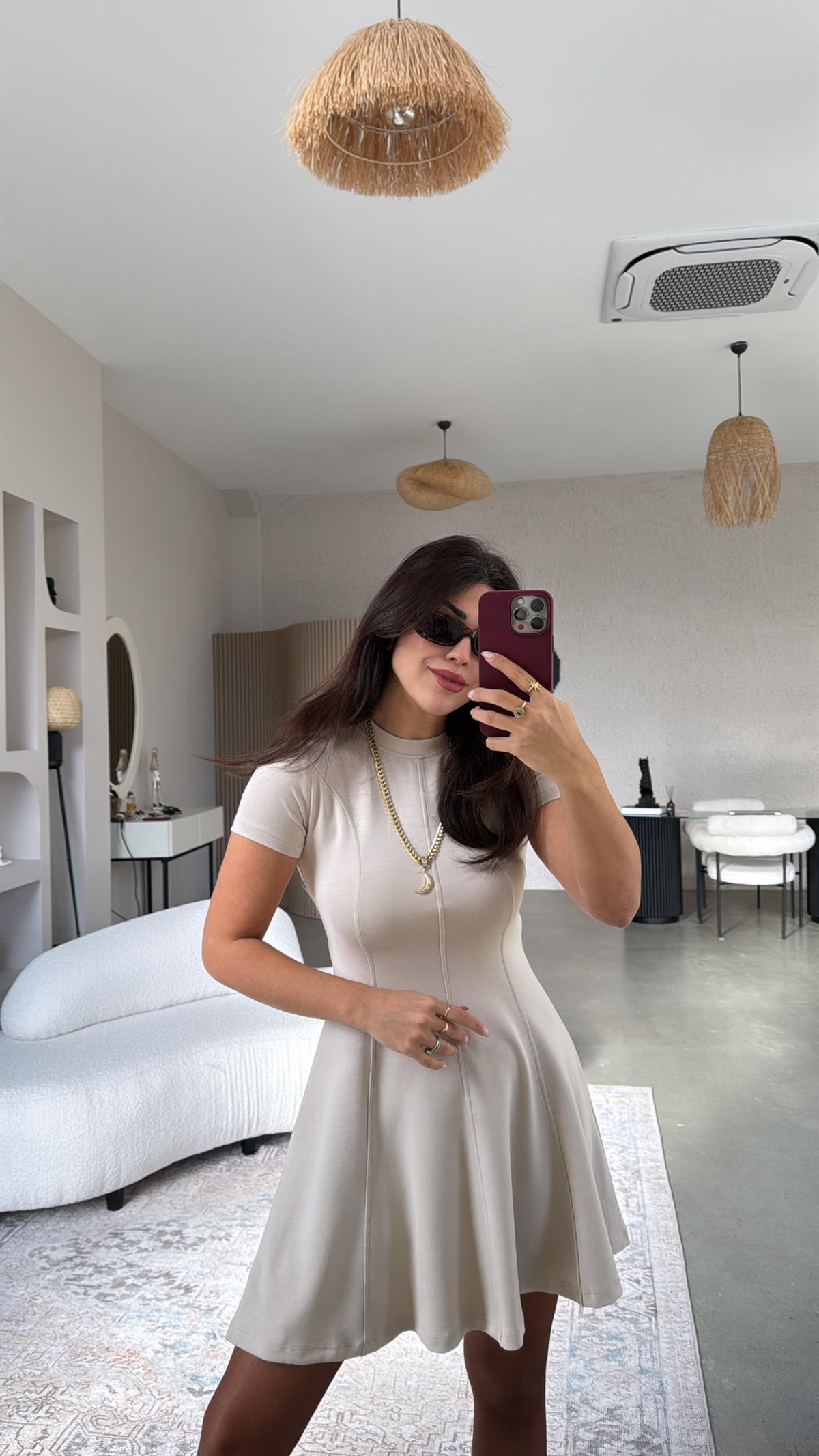 Bej Modal Kısa Kollu Çımalı Elbise