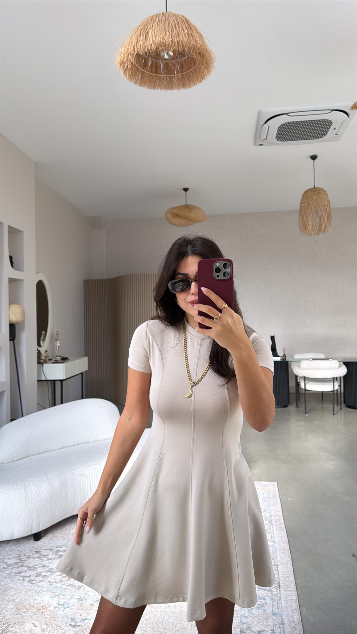 Bej Modal Kısa Kollu Çımalı Elbise