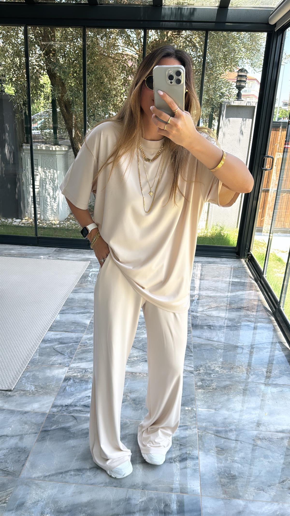 Bej Modal Kumaş Kısa Kol Pantolon Tshirt Takım