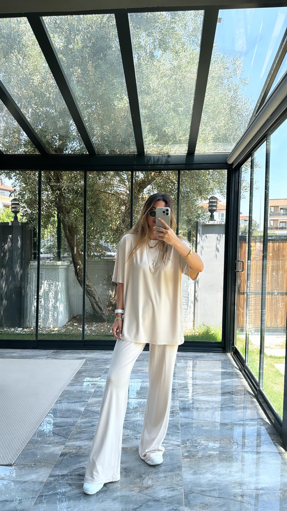 Bej Modal Kumaş Kısa Kol Pantolon Tshirt Takım