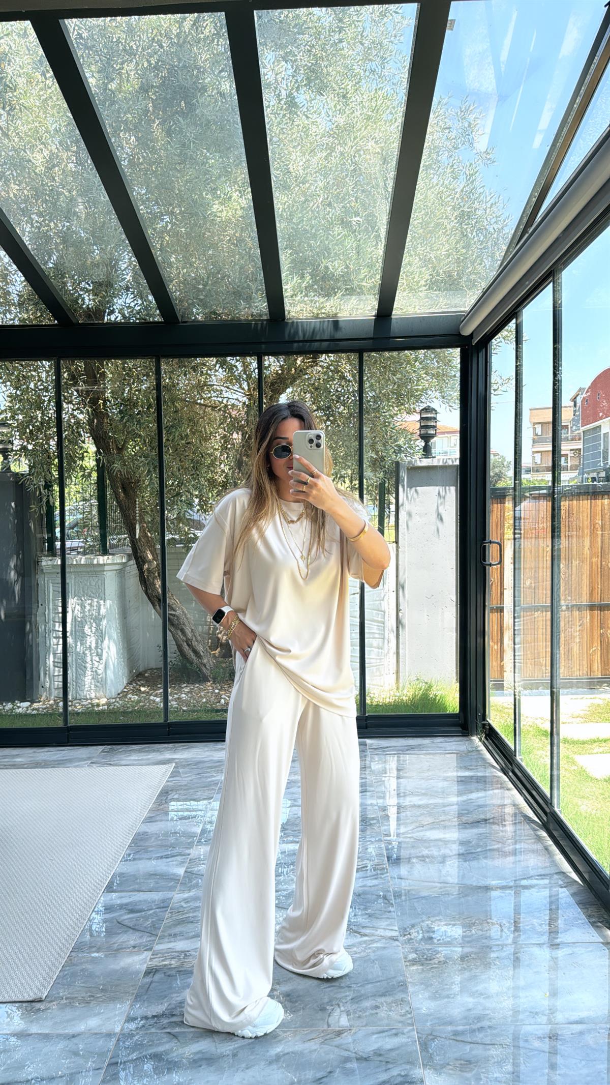 Bej Modal Kumaş Kısa Kol Pantolon Tshirt Takım