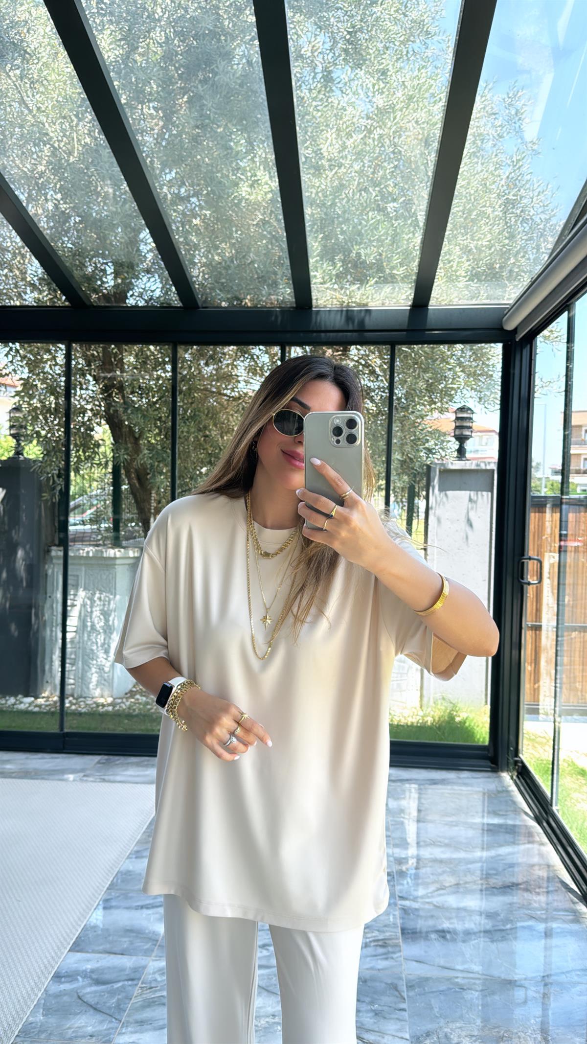 Bej Modal Kumaş Kısa Kol Pantolon Tshirt Takım