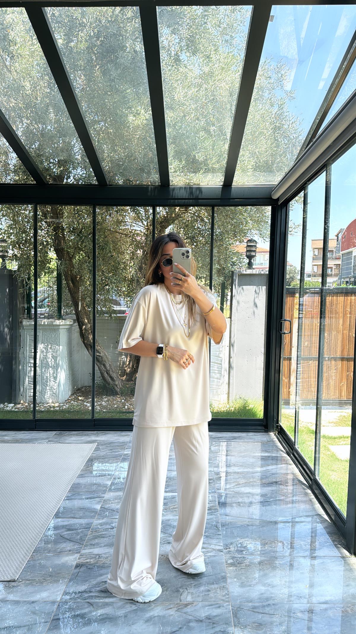 Bej Modal Kumaş Kısa Kol Pantolon Tshirt Takım