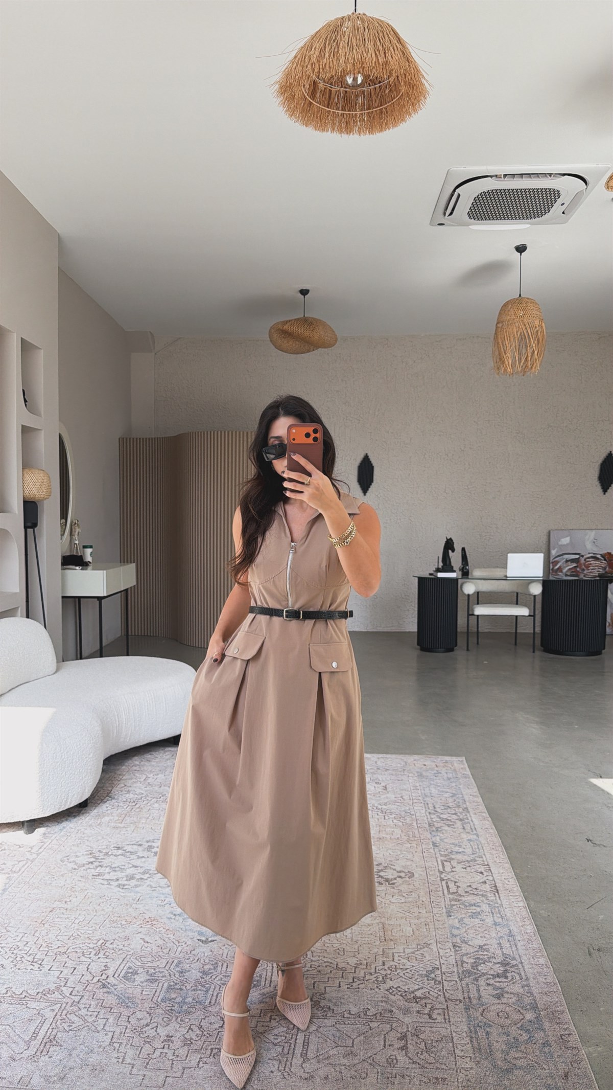 Bej Ntw Model Paraşüt Kumaş Kemerli Premium Elbise