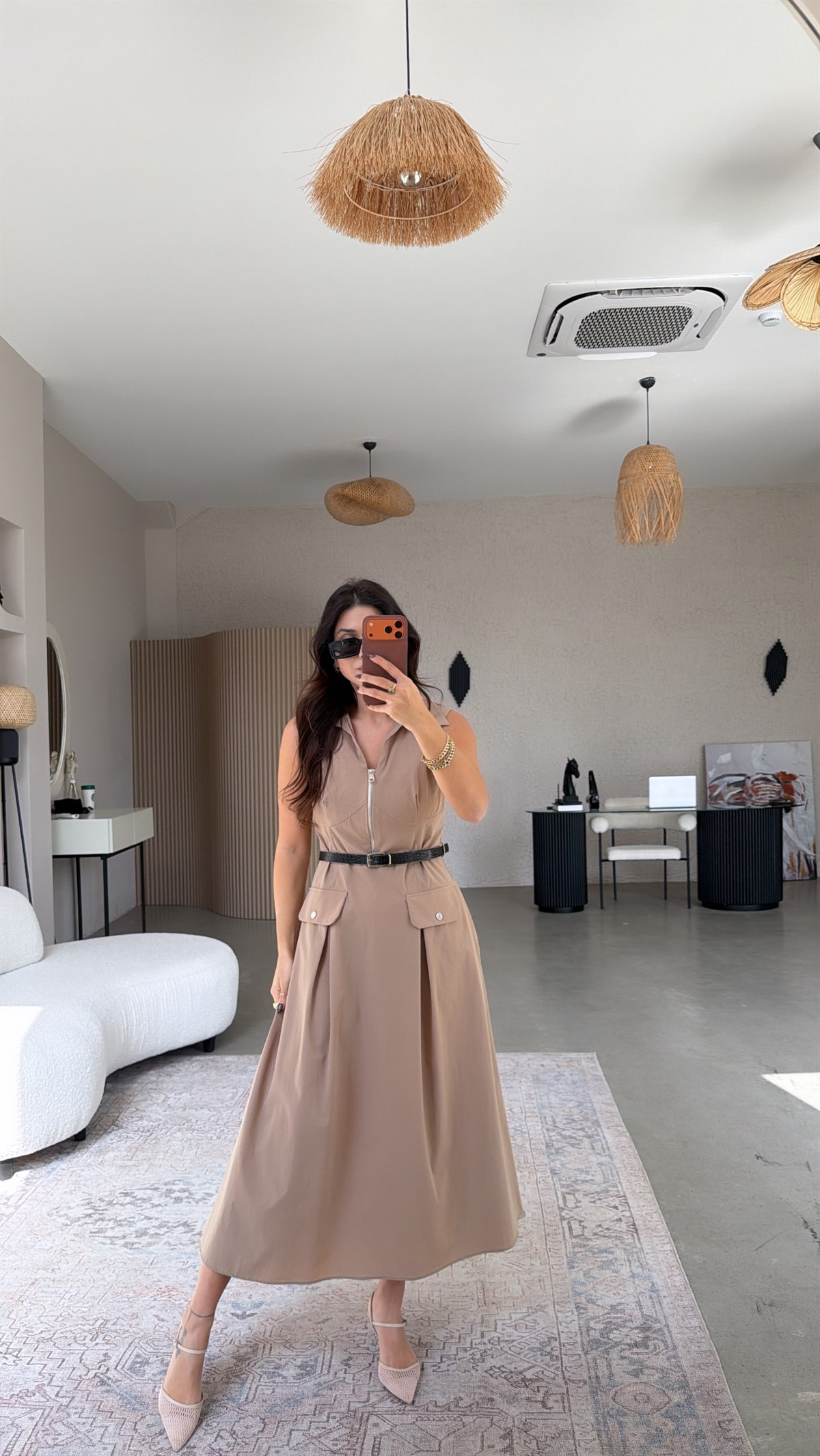 Bej Ntw Model Paraşüt Kumaş Kemerli Premium Elbise