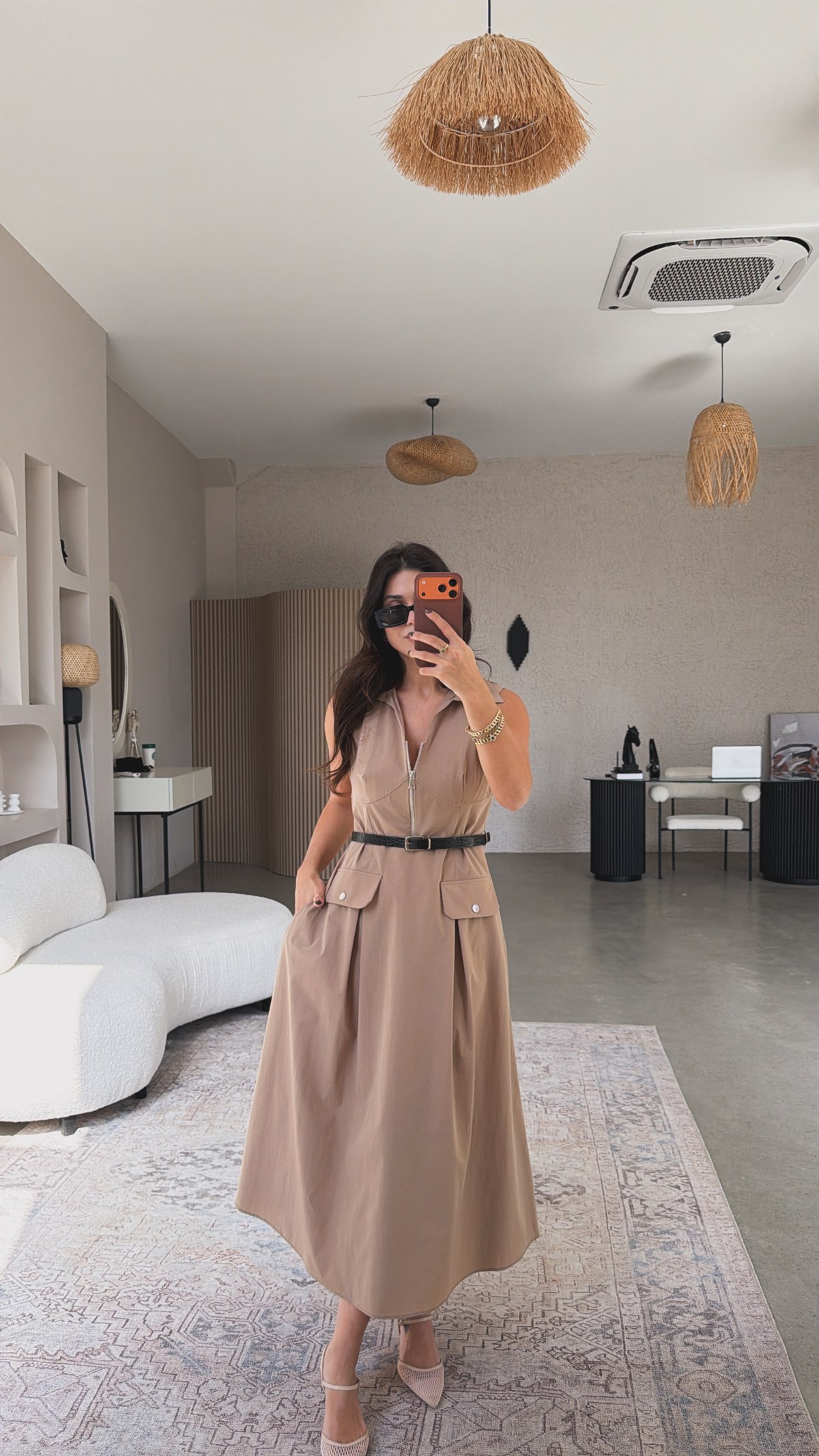 Bej Ntw Model Paraşüt Kumaş Kemerli Premium Elbise