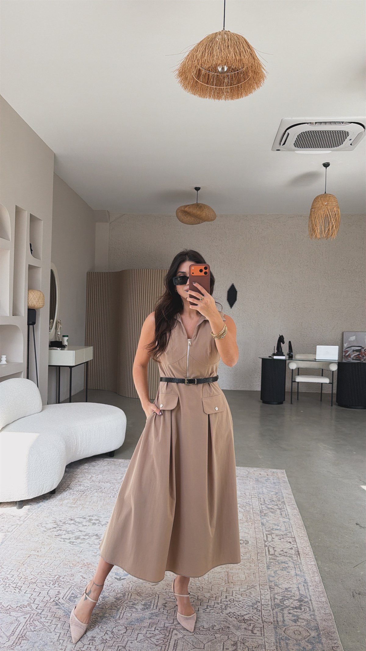 Bej Ntw Model Paraşüt Kumaş Kemerli Premium Elbise