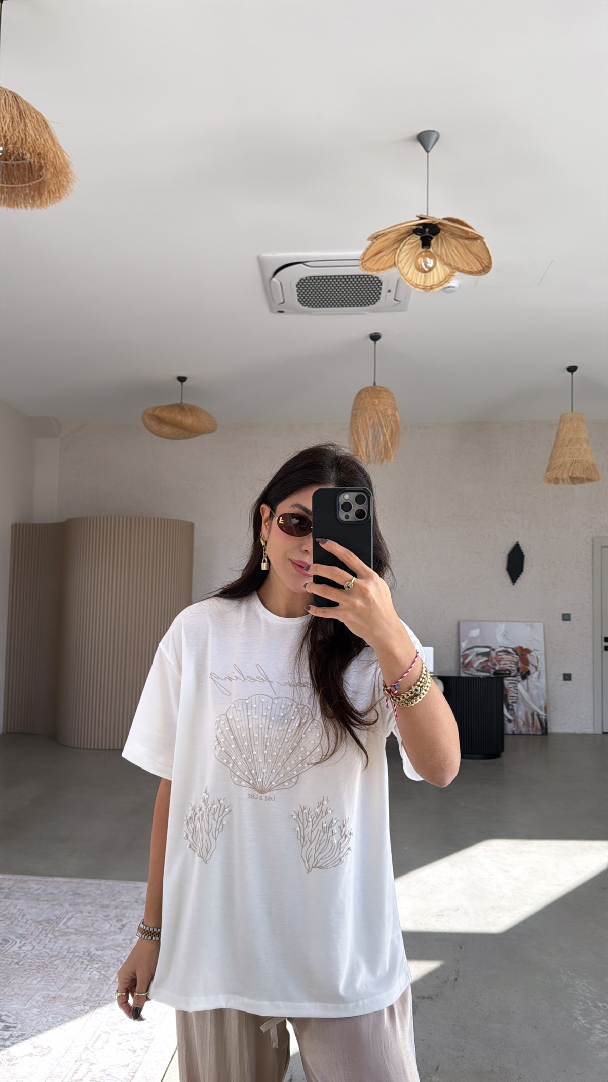 Bej Ocean Feeling Pamuklu İncili Tshirt